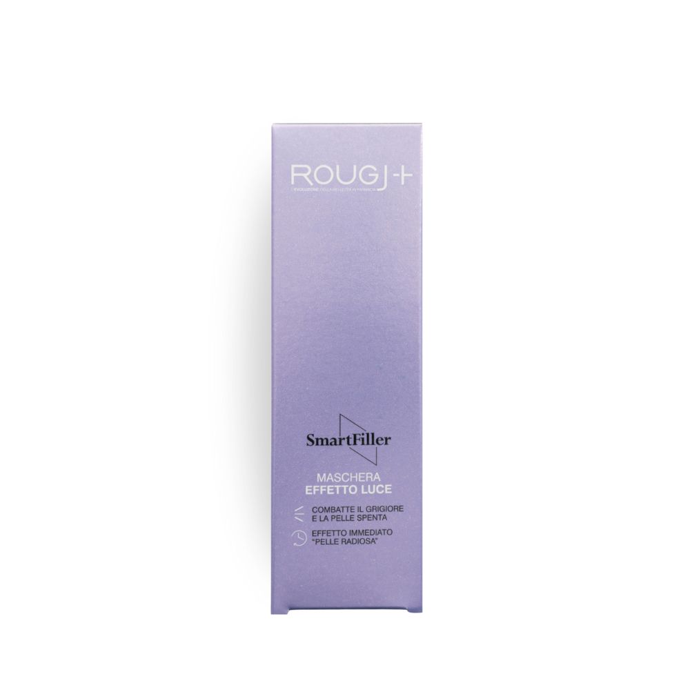ROUGJ+ Smart Filler Maschera Effetto Luce. Emballage violet. Texte: Smart Filler, Maschera Effetto Luce. Anti-terne, peau éclatante.