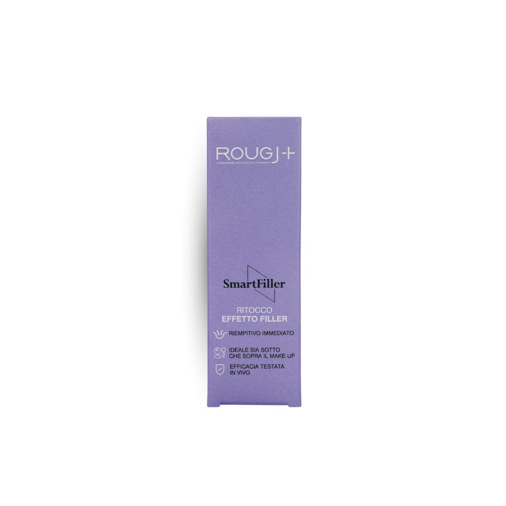 Emballage violet avec SmartFiller. Texte: Retocco Effetto Filler. Fond blanc.