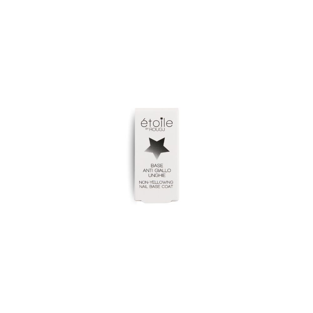Emballage blanc avec étoile noire. Inscription : Étoile by Rougj, Base Anti-Giallo Unghie, Non-Yellowing Nail Base Coat.