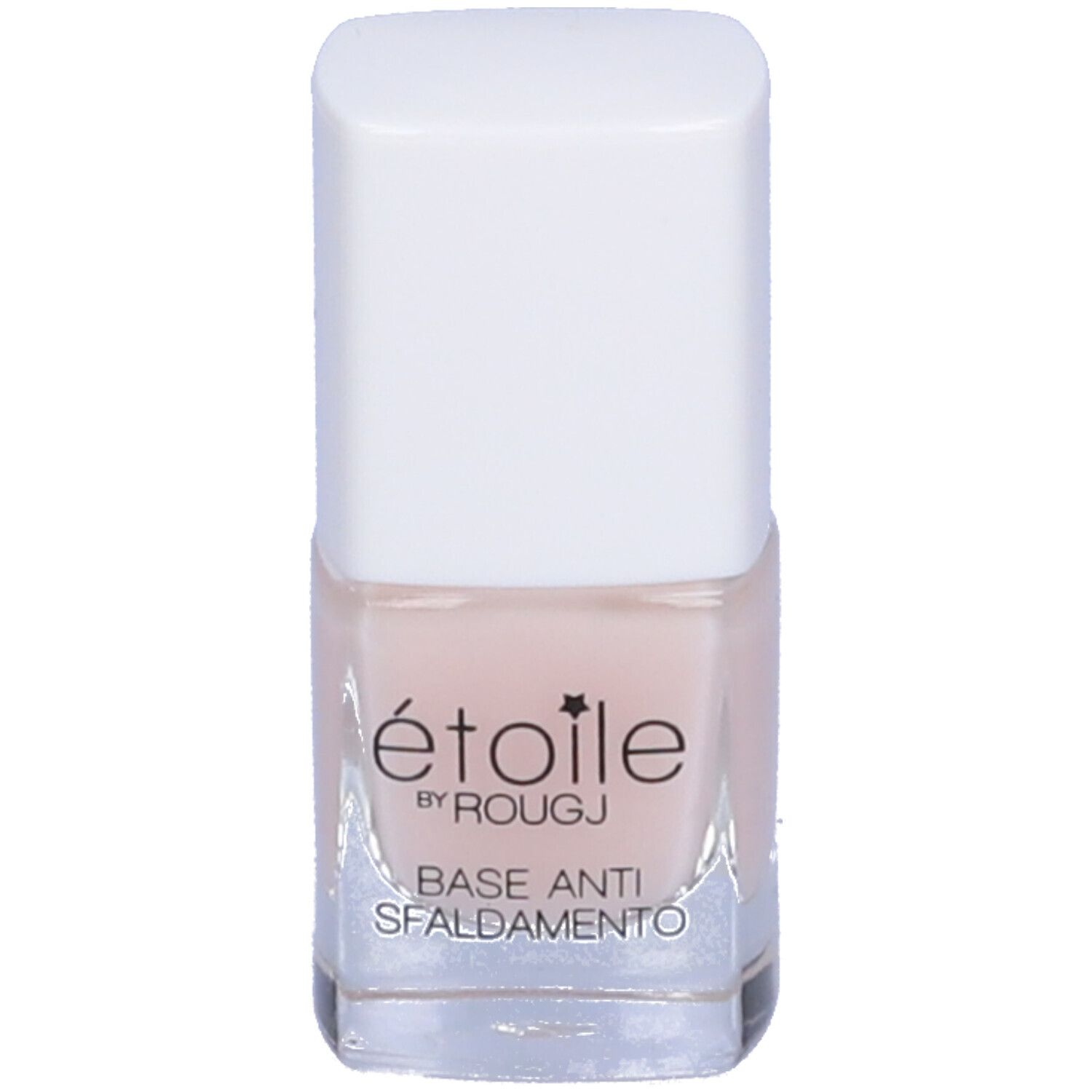 Base pour ongles en flacon carré en verre avec bouchon blanc. Inscription : étoile by ROUGJ, BASE ANTI SFALDAMENTO.