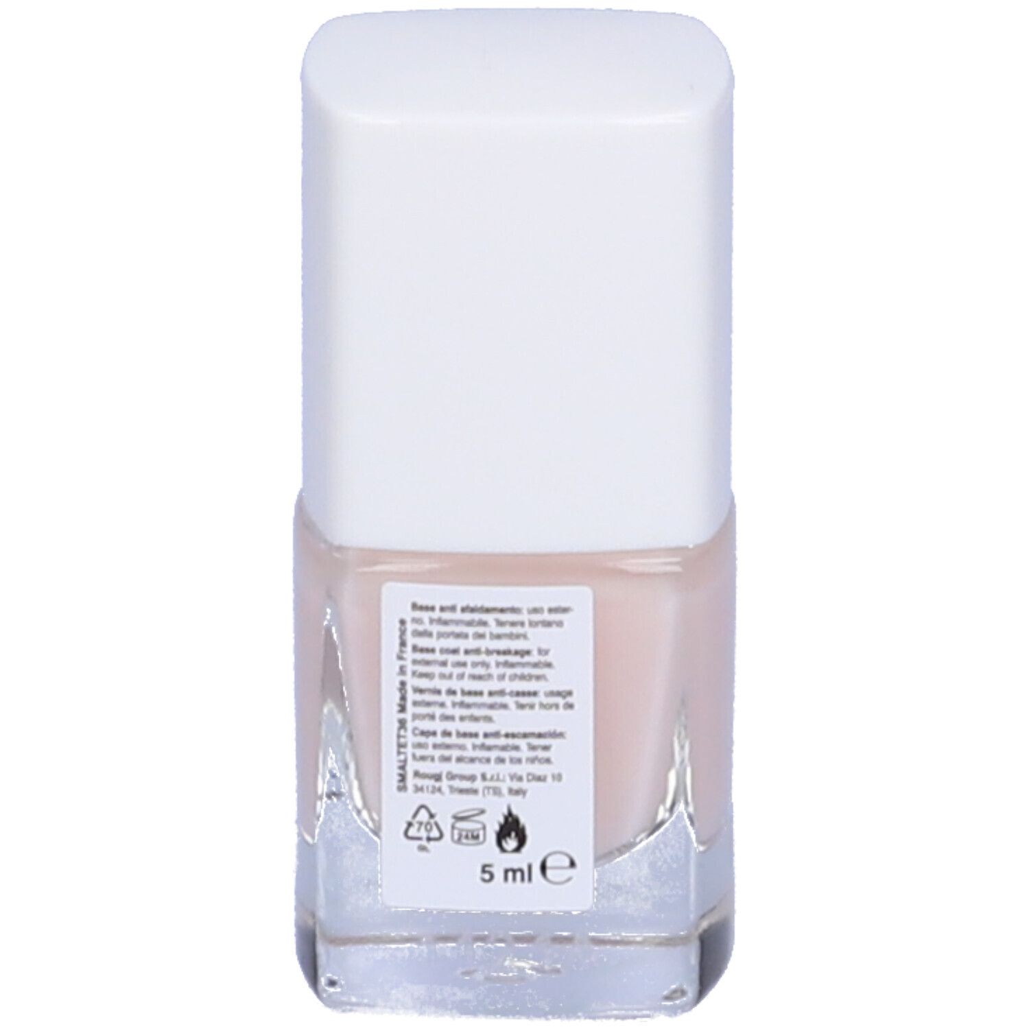 Dos d'un flacon de base pour ongles. Texte : Base anti-cassure, 5 ml. Autocollant avec ingrédients et avertissements.