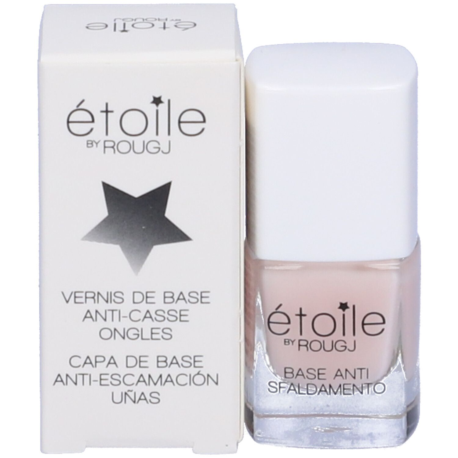 Base pour ongles avec emballage. Boîte blanche avec étoile et inscription : étoile by ROUGJ, VERNI DE BASE ANTI-CASSE ONGLES.