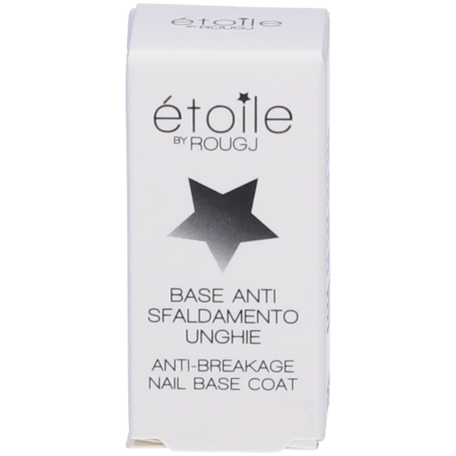 Boîte blanche avec étoile et inscription : étoile by ROUGJ, BASE ANTI SFALDAMENTO UNGHIE, ANTI-BREAKAGE NAIL BASE COAT.