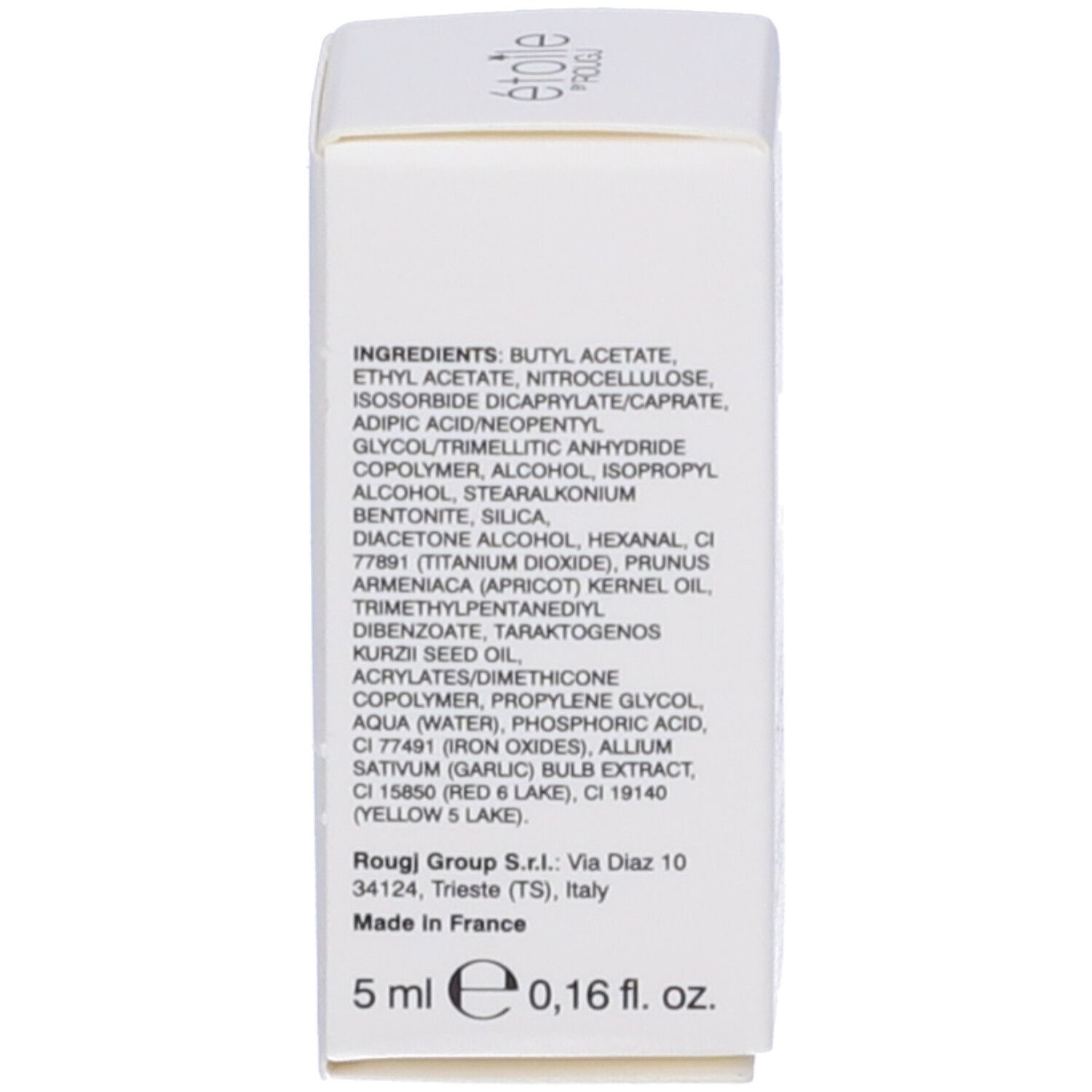 Dos de l'emballage avec ingrédients, adresse du fabricant et indication de volume : 5 ml, 0,16 fl. oz.