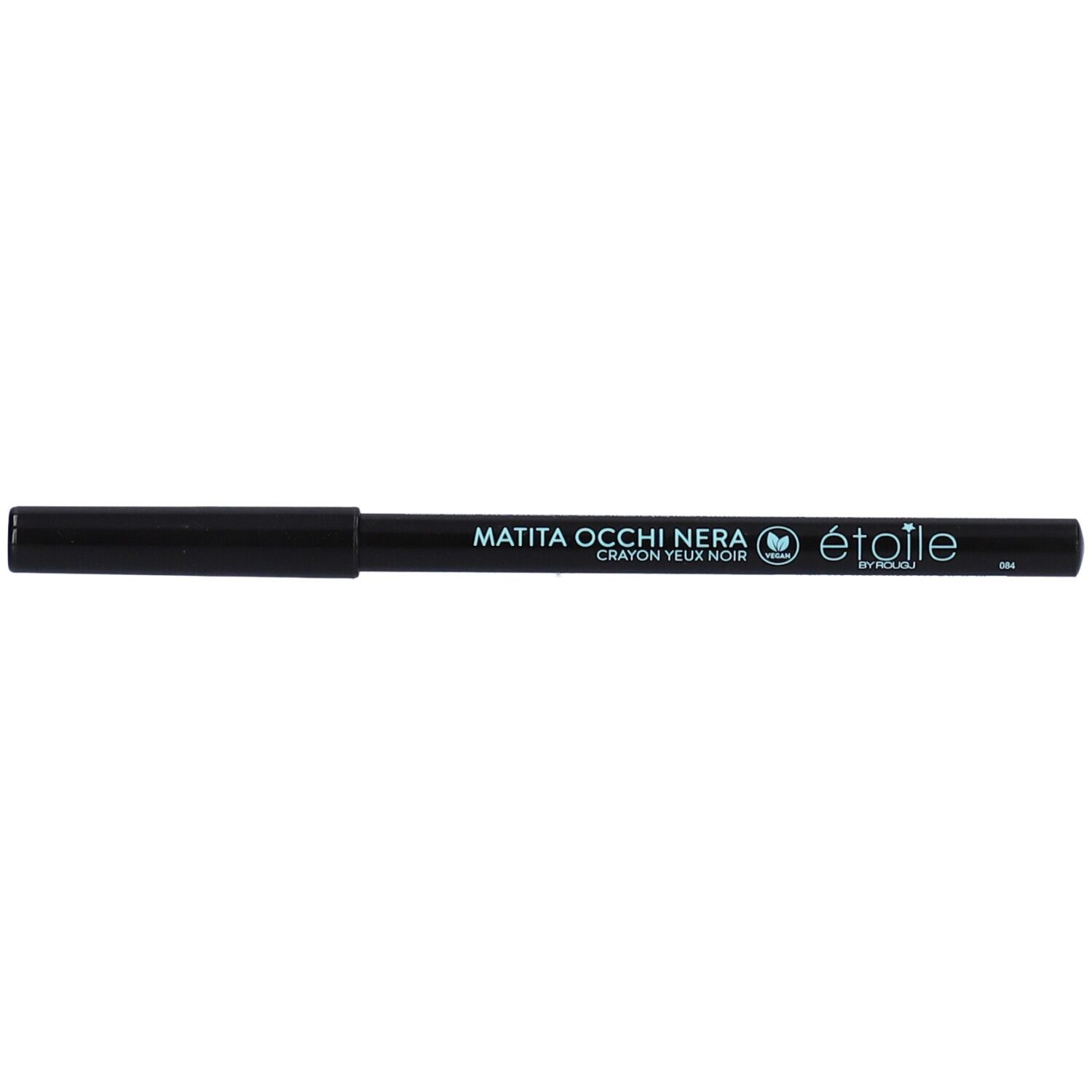 Crayon noir pour les yeux. Inscription: MATITA OCCHI NERA, CRAYON YEUX NOIR, étoile by ROUGJ. Logo vert.