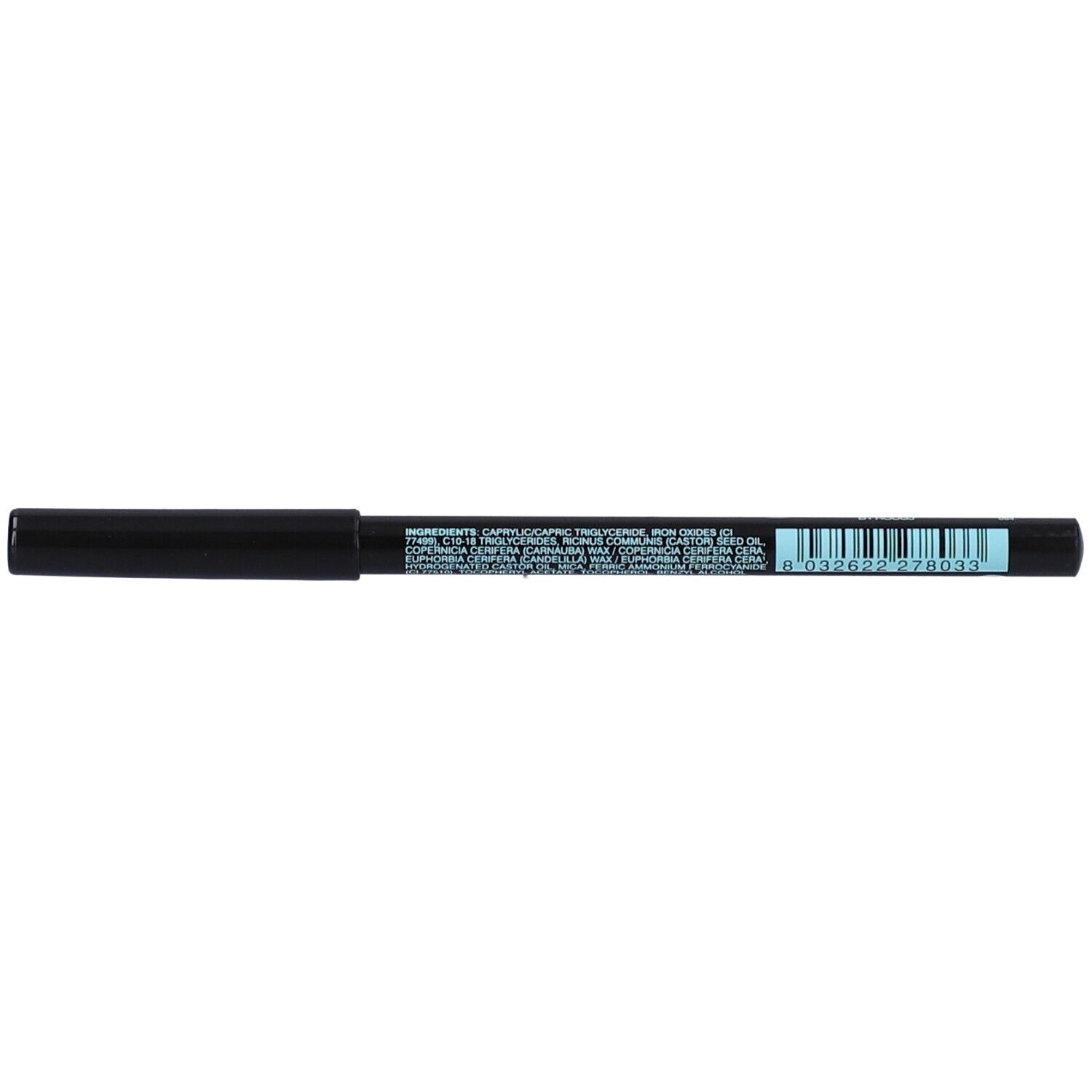 Crayon noir pour les yeux. Inscription et code-barres. Texte avec ingrédients. Petite bande bleue.