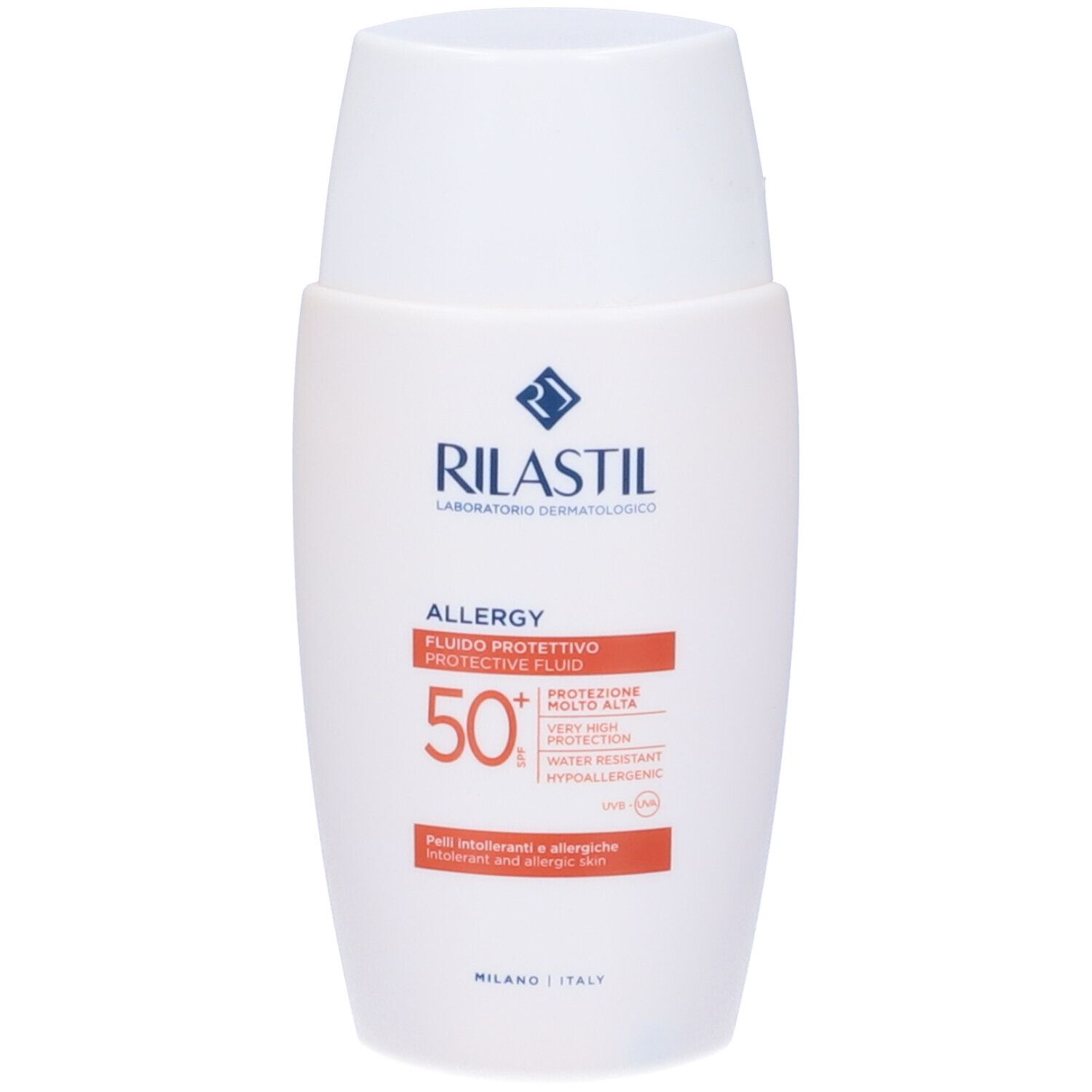 Flacon blanc avec bouchon blanc. Rilastil Allergie 50+ Protection. Texte et logo. Protection solaire.