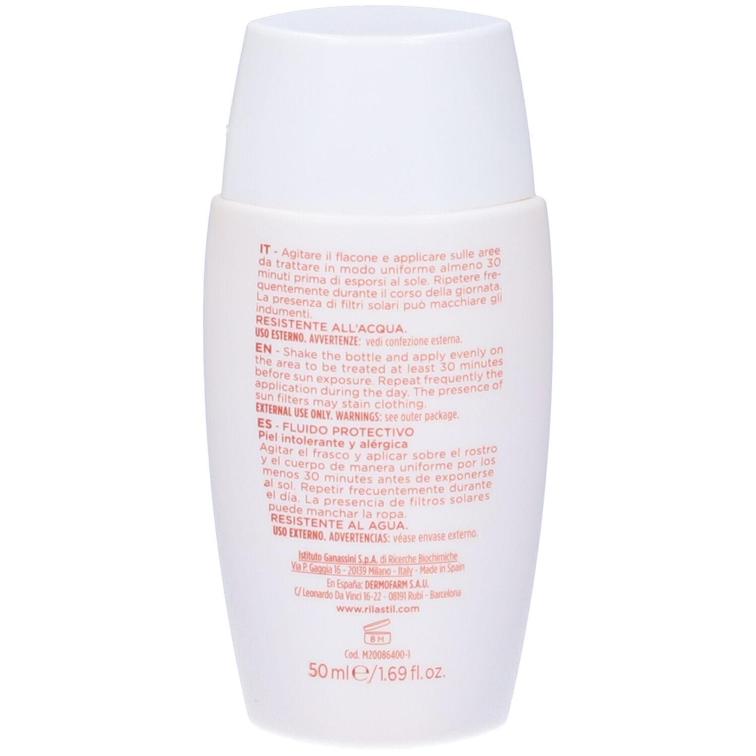 Dos du flacon blanc. Texte multilingue. Rilastil Allergie 50+ Protection. Résistant à l'eau.