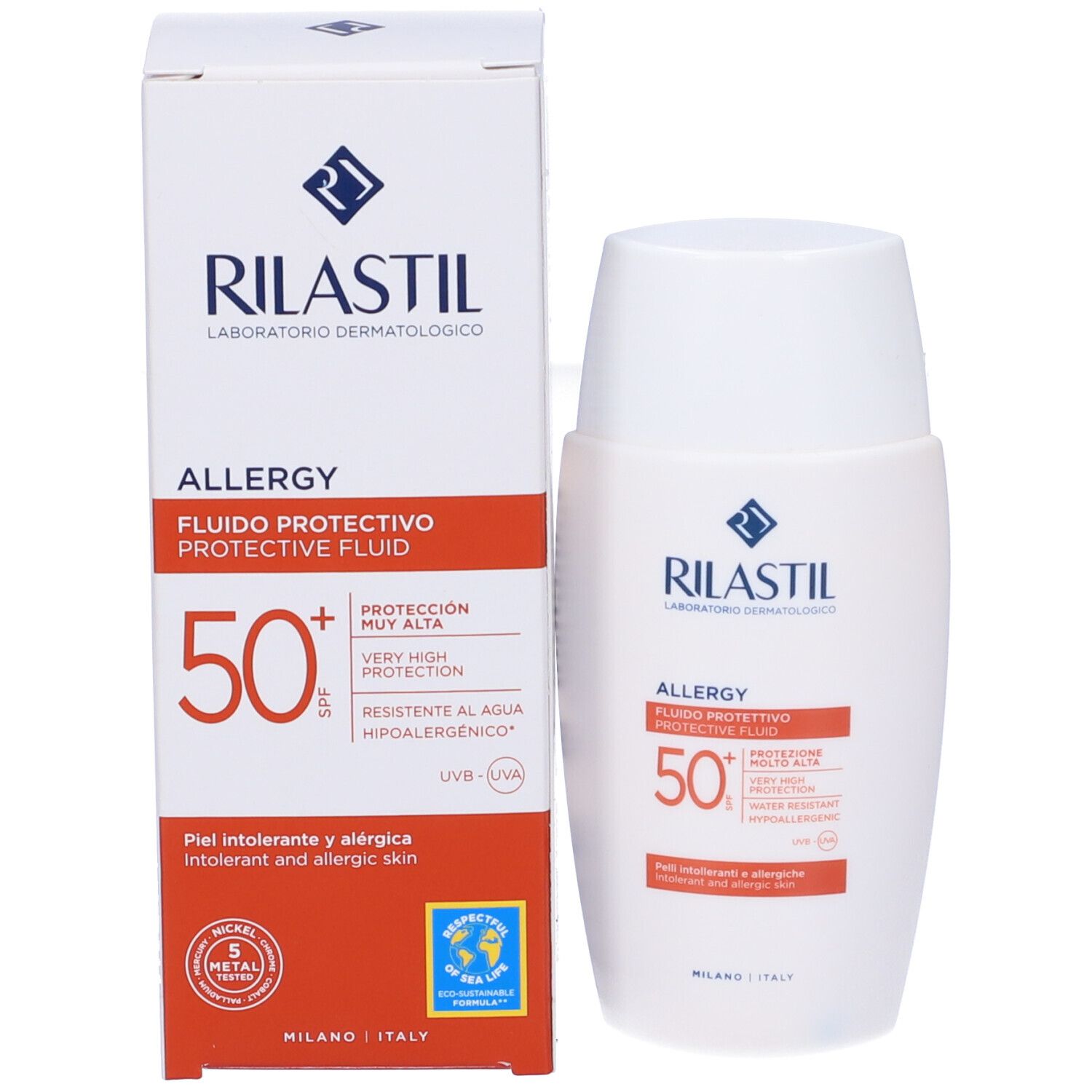Emballage du produit avec flacon. Rilastil Allergie 50+ Protection. SPF 50+. Emballage avec texte et logo.