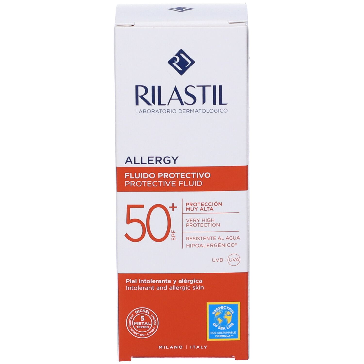 Emballage du produit. Rilastil Allergie 50+ Protection. SPF 50+. Emballage avec texte et logo.