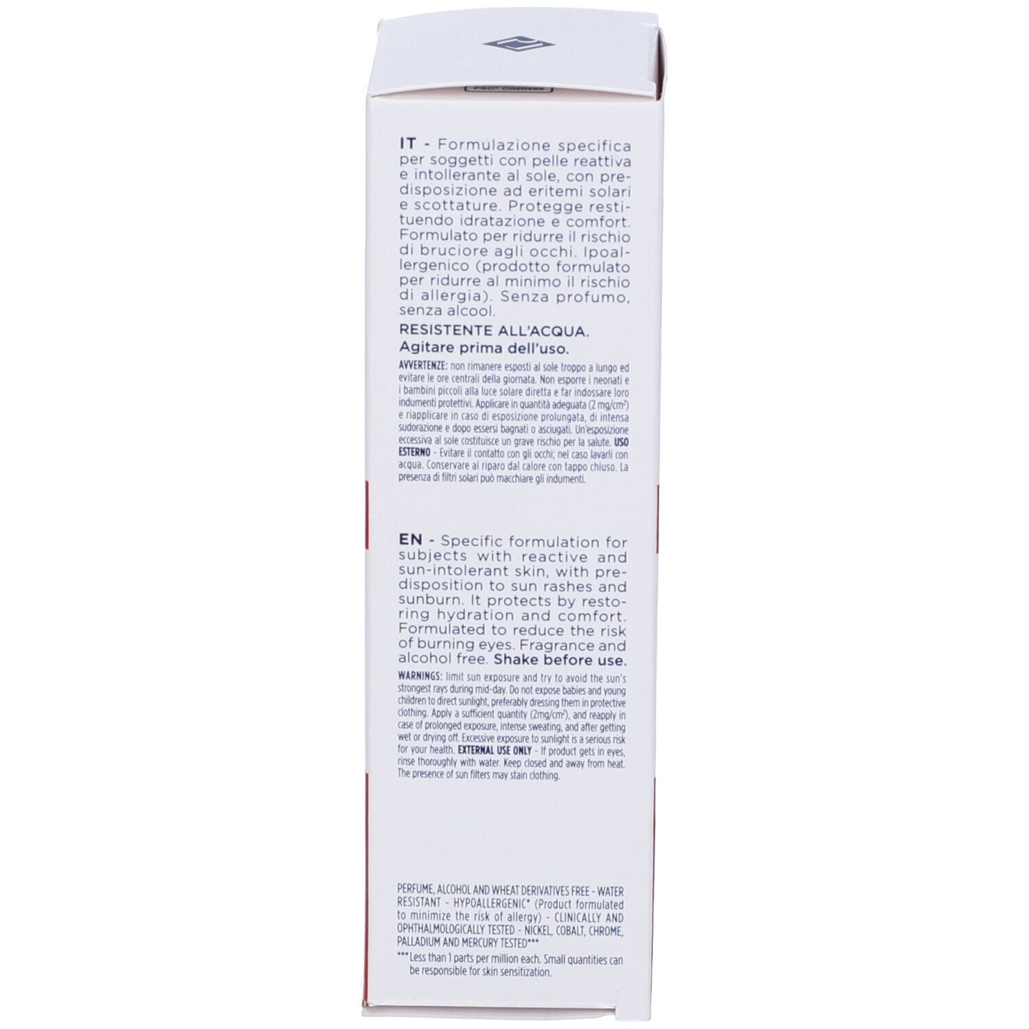 Emballage du produit. Texte multilingue. Rilastil Allergie 50+ Protection. Ingrédients.