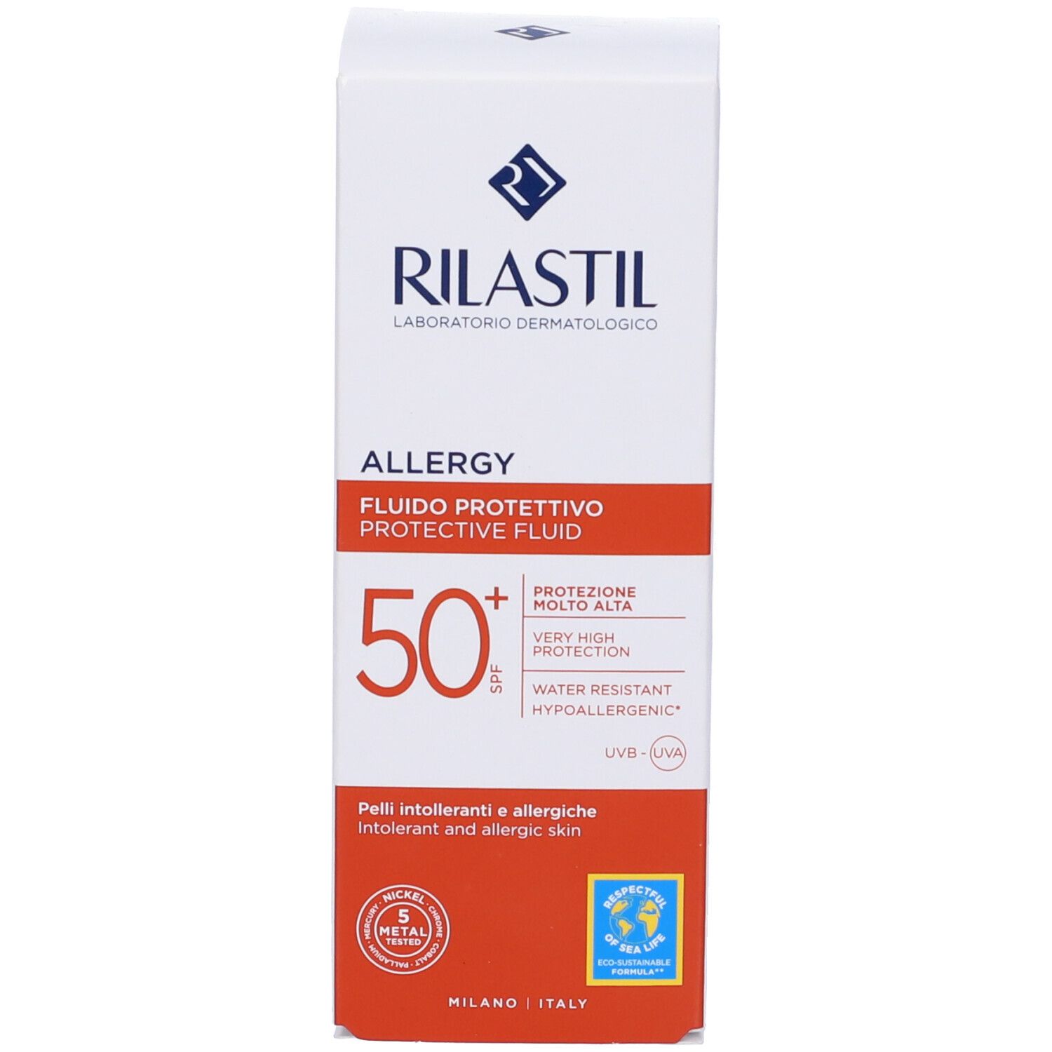 Emballage du produit. Rilastil Allergie 50+ Protection. SPF 50+. Emballage avec texte et logo.