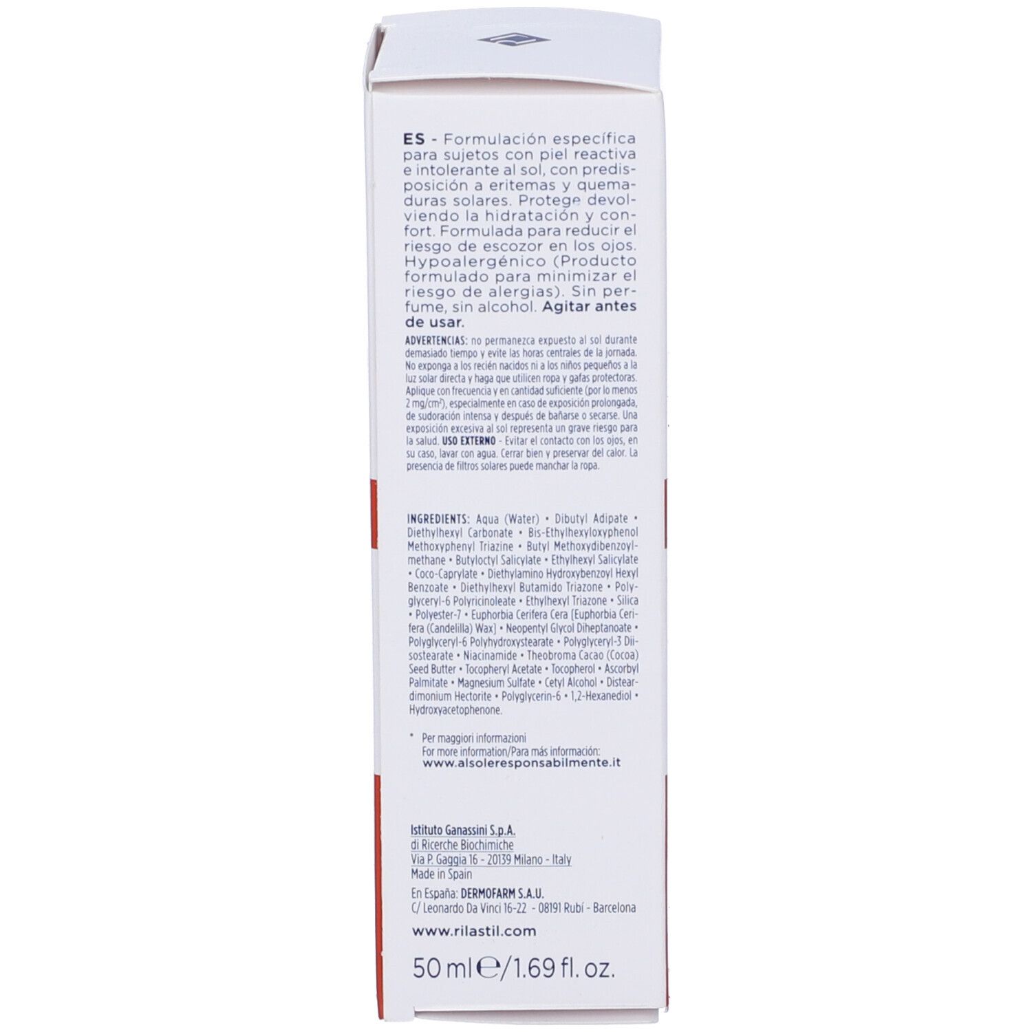 Emballage du produit. Texte multilingue. Rilastil Allergie 50+ Protection. Ingrédients.