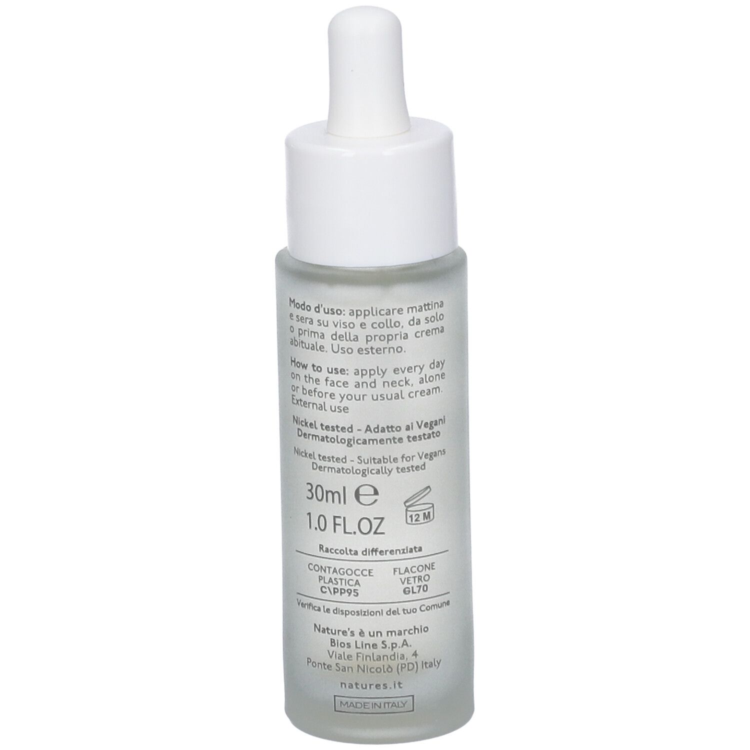 Flacon NATURE'S Anti-Âge avec pipette. Dos avec texte, 30ml, 1.0 fl oz.