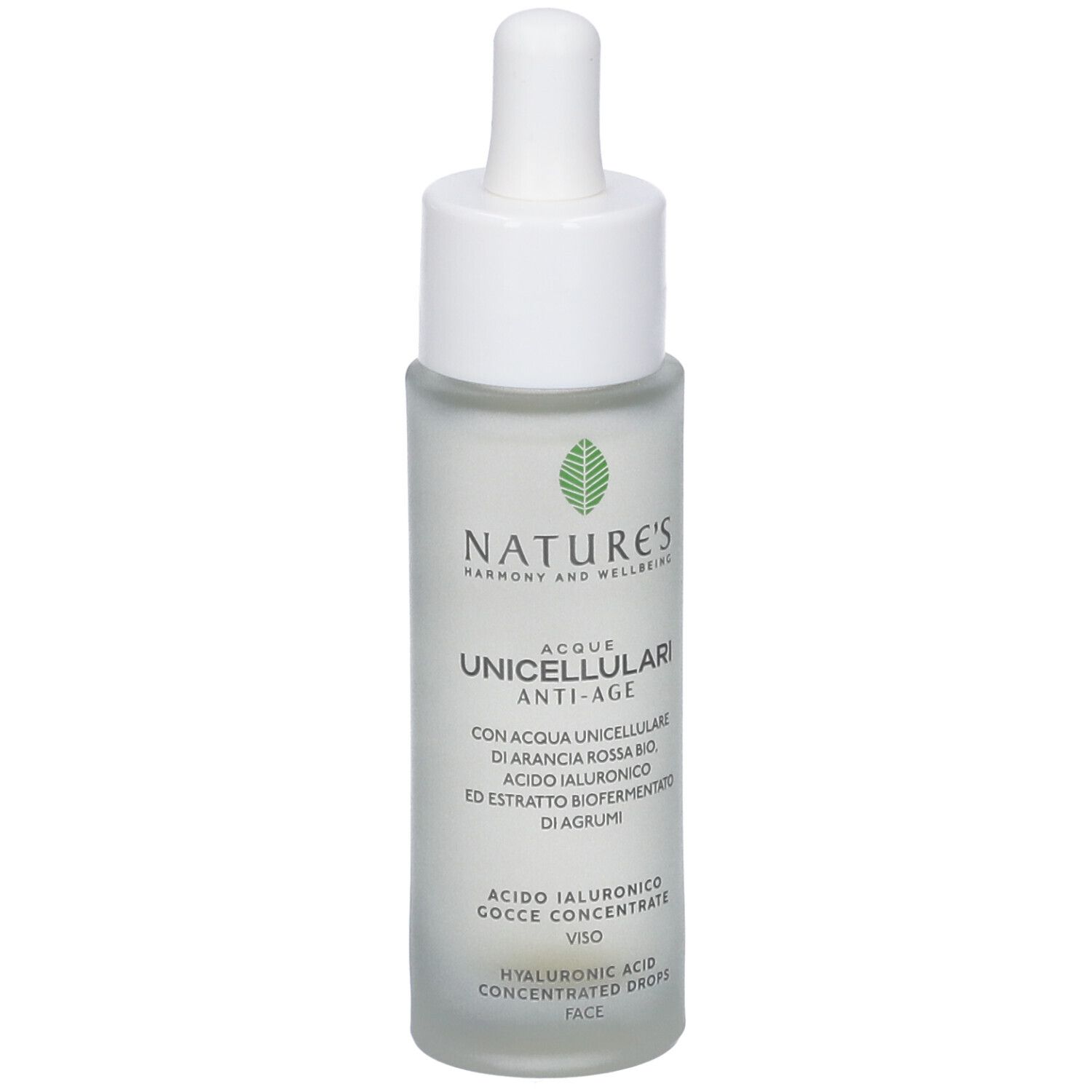 Flacon NATURE'S Anti-Âge avec pipette. Inscription: Unicellulari, Acido Ialuronico, Concentrated Drops.