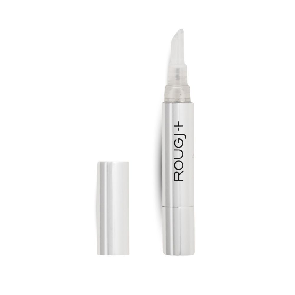 Stylo argenté avec applicateur transparent et bouchon. Inscription ROUGJ+.
