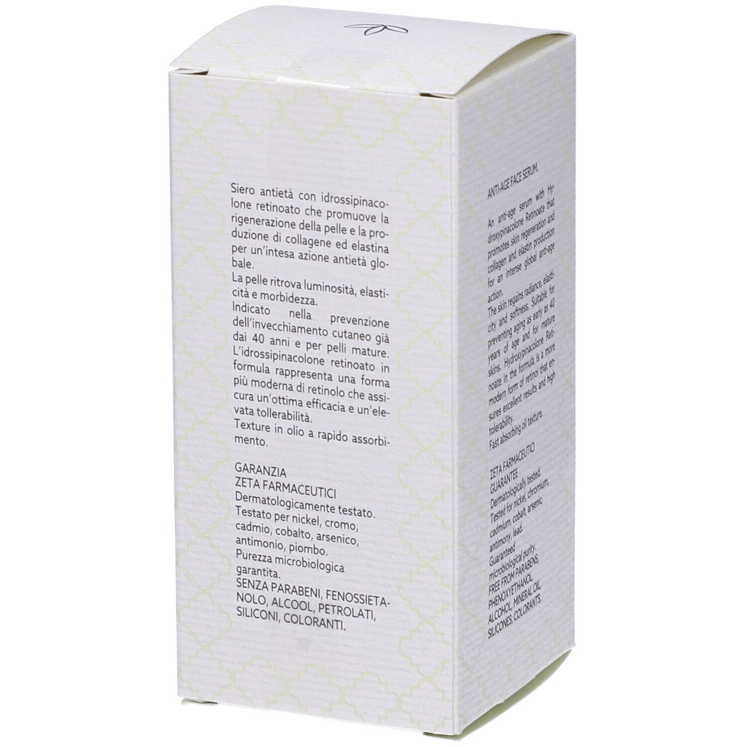 Boîte blanche avec informations produit. Texte: Anti-Age Serum, Garantie Zeta Farmaceutici.