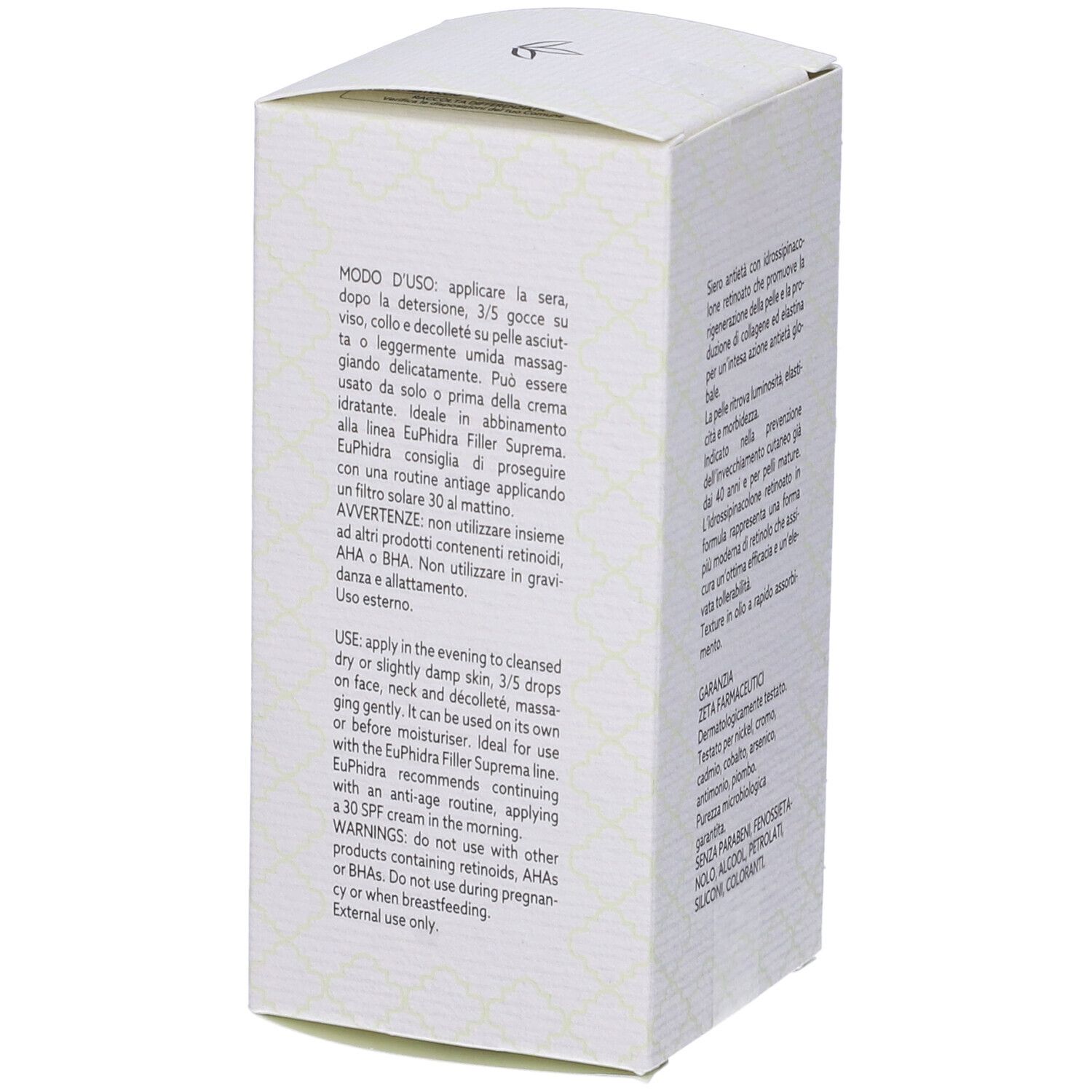 Boîte blanche avec instructions d'utilisation. Texte: Modo d'uso, Use, EuPhidra Filler Suprema.