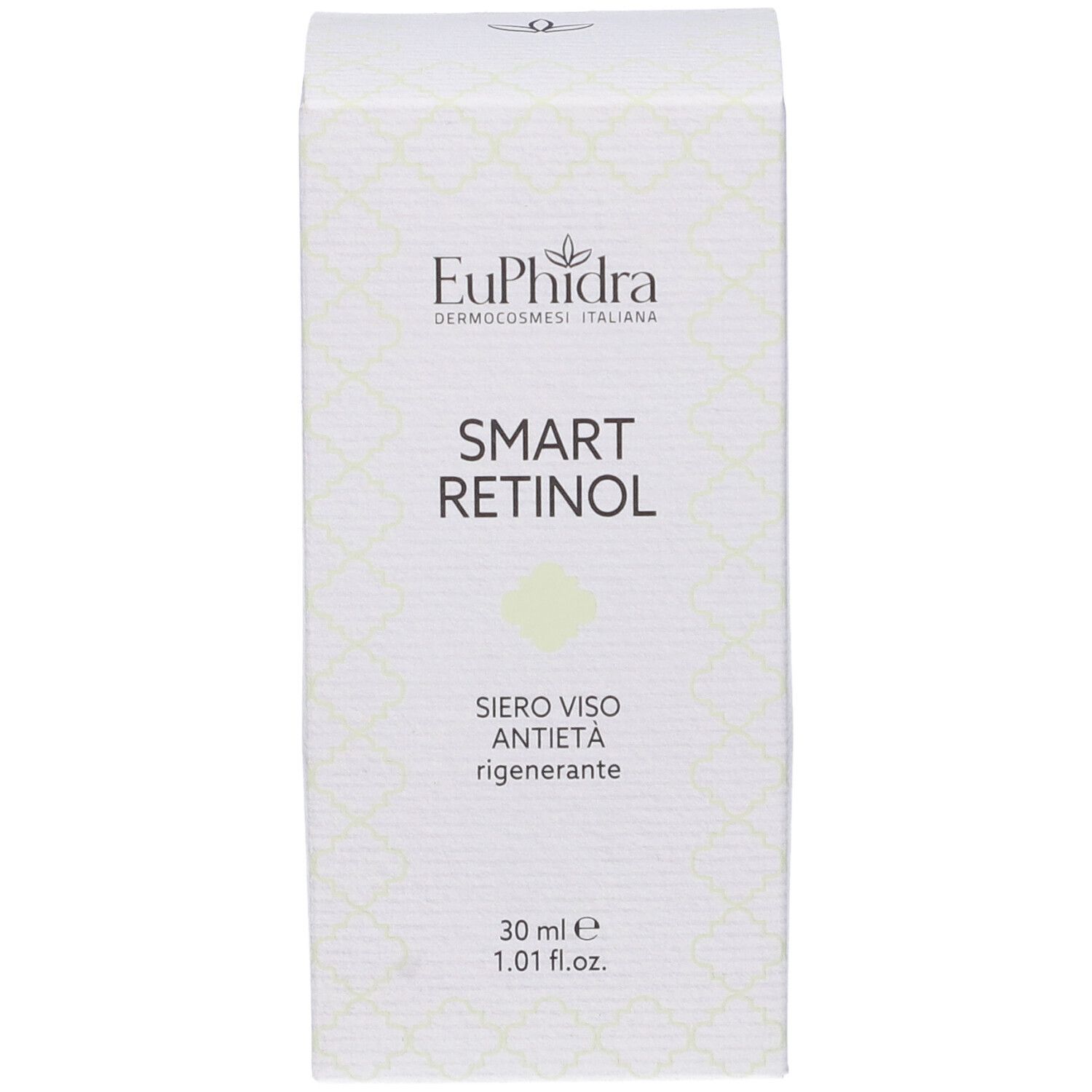 Boîte blanche avec logo et nom du produit. Texte: Smart Retinol, Siero Viso Antietà. 30 ml.