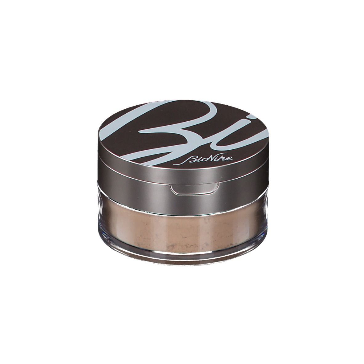 Poudre BioNike Voile Touch en pot. Couvercle avec logo. Pot avec poudre. Couleur marron.
