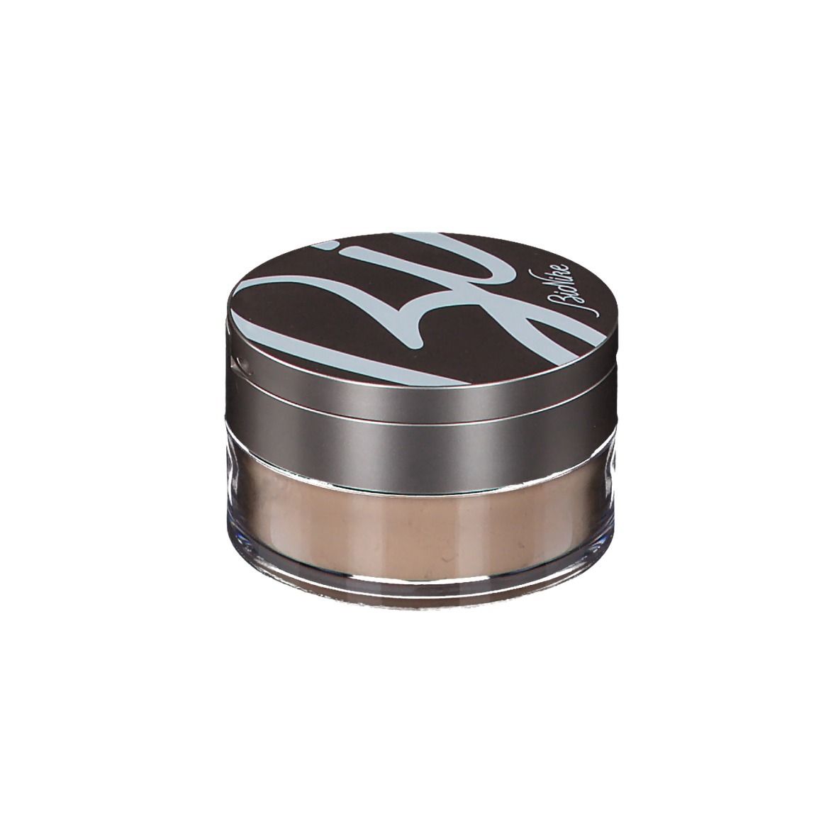 Poudre BioNike Voile Touch en pot. Couvercle avec logo. Pot avec poudre. Couleur marron.