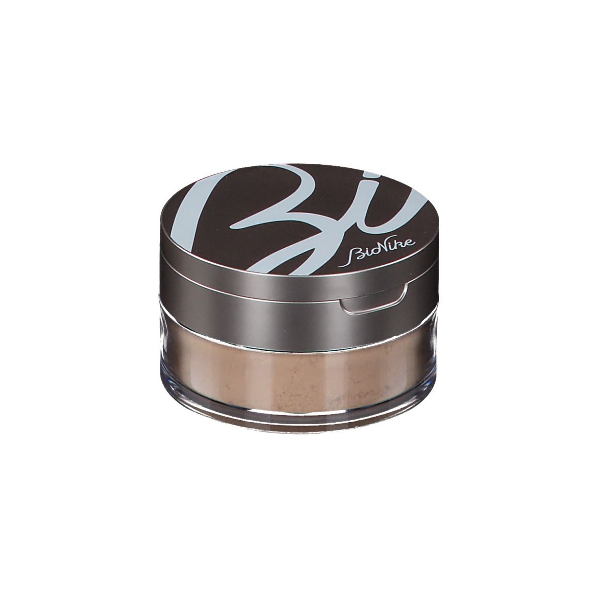 Poudre BioNike Voile Touch en pot. Couvercle avec logo. Pot avec poudre. Couleur marron.