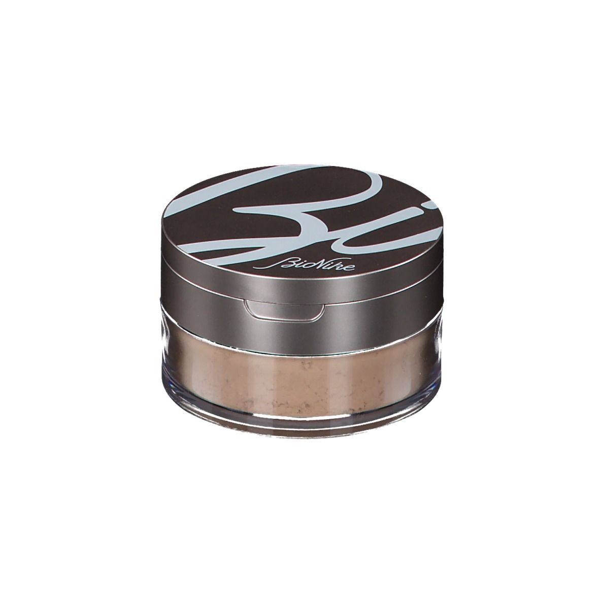 Poudre BioNike Voile Touch en pot. Couvercle avec logo. Pot avec poudre. Couleur marron.