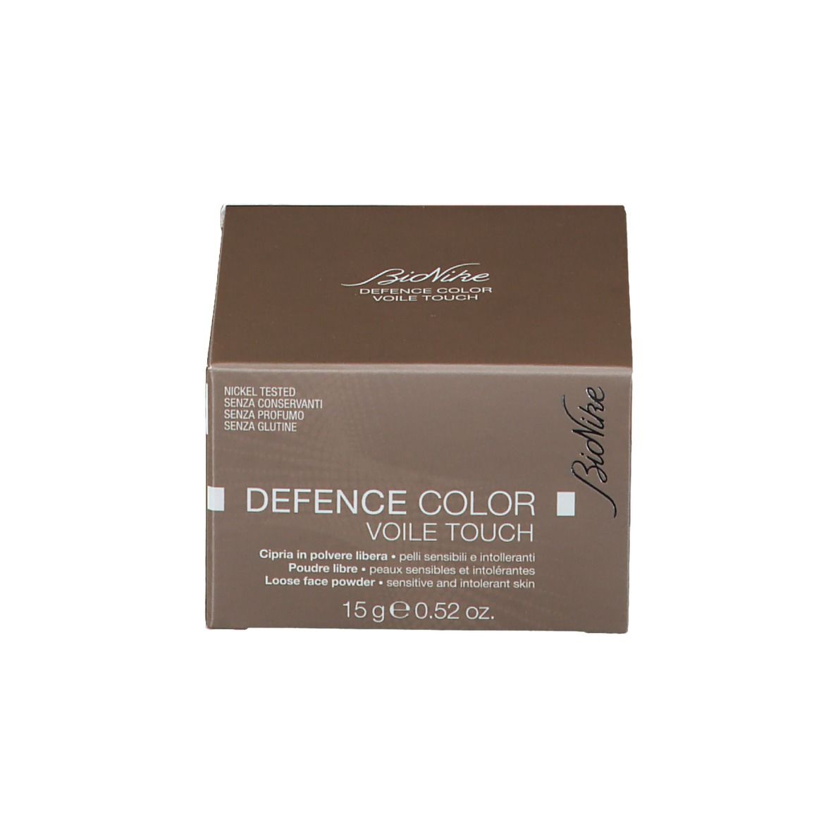 Poudre BioNike Defence Color Voile Touch. Emballage. Texte sur l'emballage. Couleur marron.