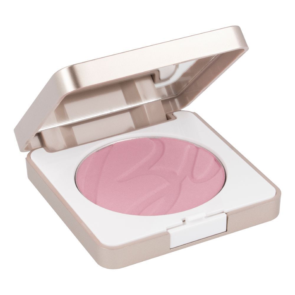 Fard à joues compact rose dans un boîtier carré avec miroir. Couvercle ouvert.