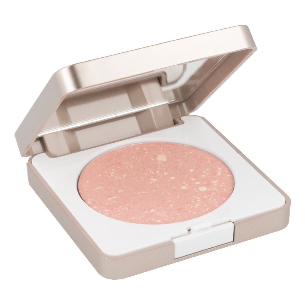 Fard à joues compact rose clair dans un boîtier carré ouvert. Miroir intégré. Points clairs visibles.