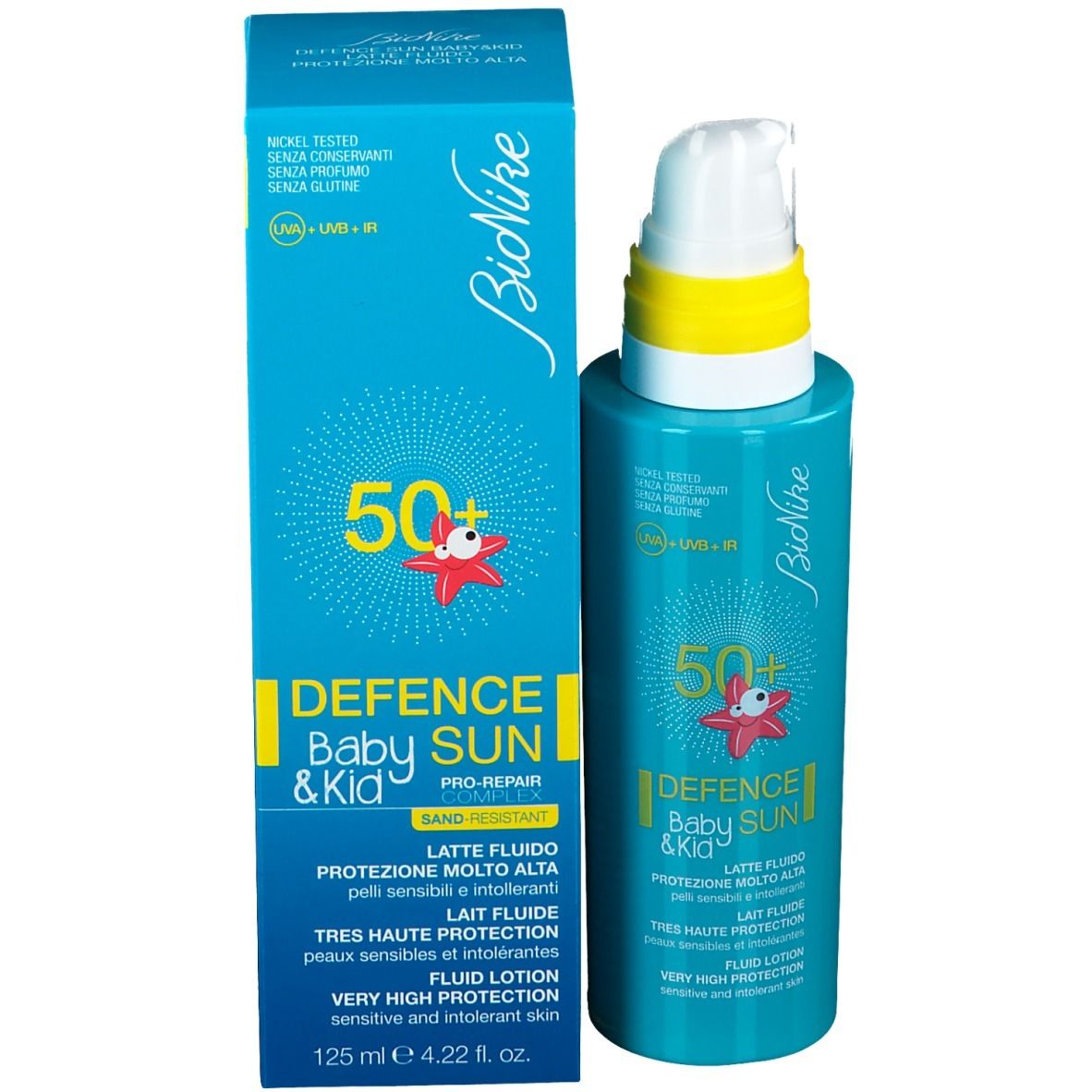 Produit avec emballage. Flacon et carton turquoise. Inscription : Bionike, Defence Sun Baby&Kid, SPF 50+.