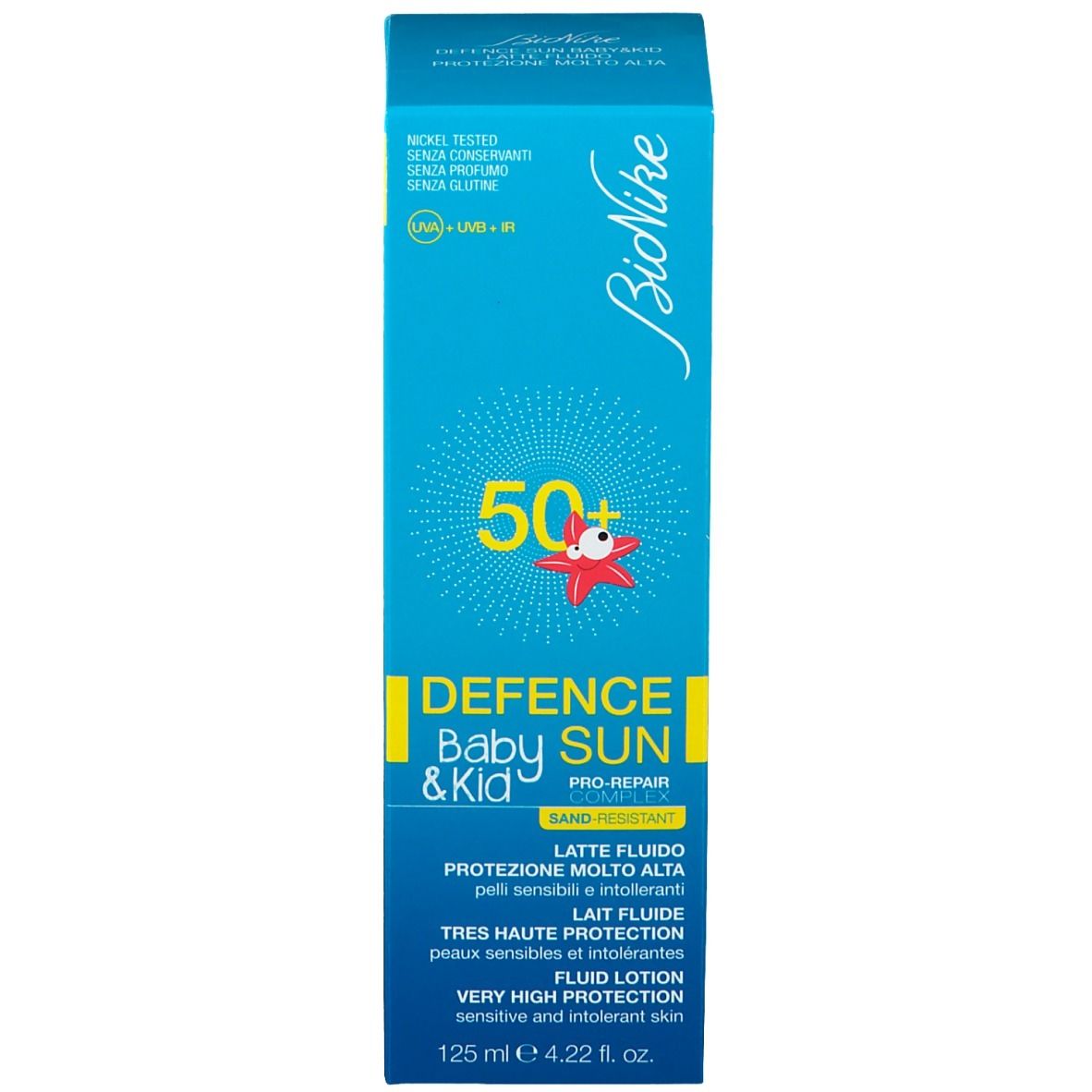 Emballage bleu avec inscription : Bionike, Defence Sun Baby&Kid, SPF 50+.