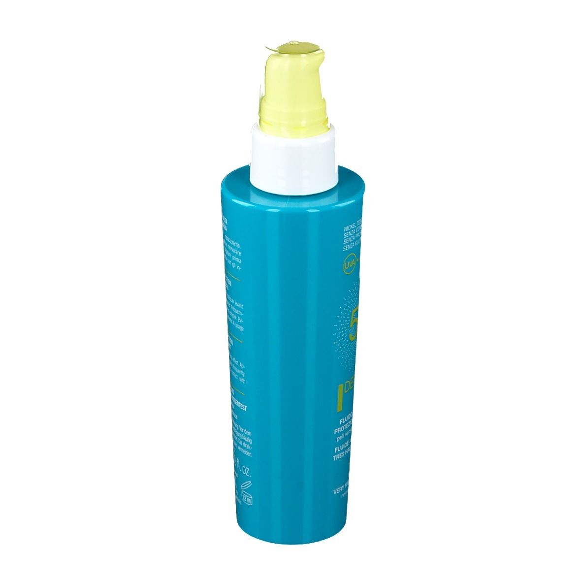 Flacon bleu turquoise avec vaporisateur jaune. Inscription : Defence Sun, Bionike. Protection solaire.