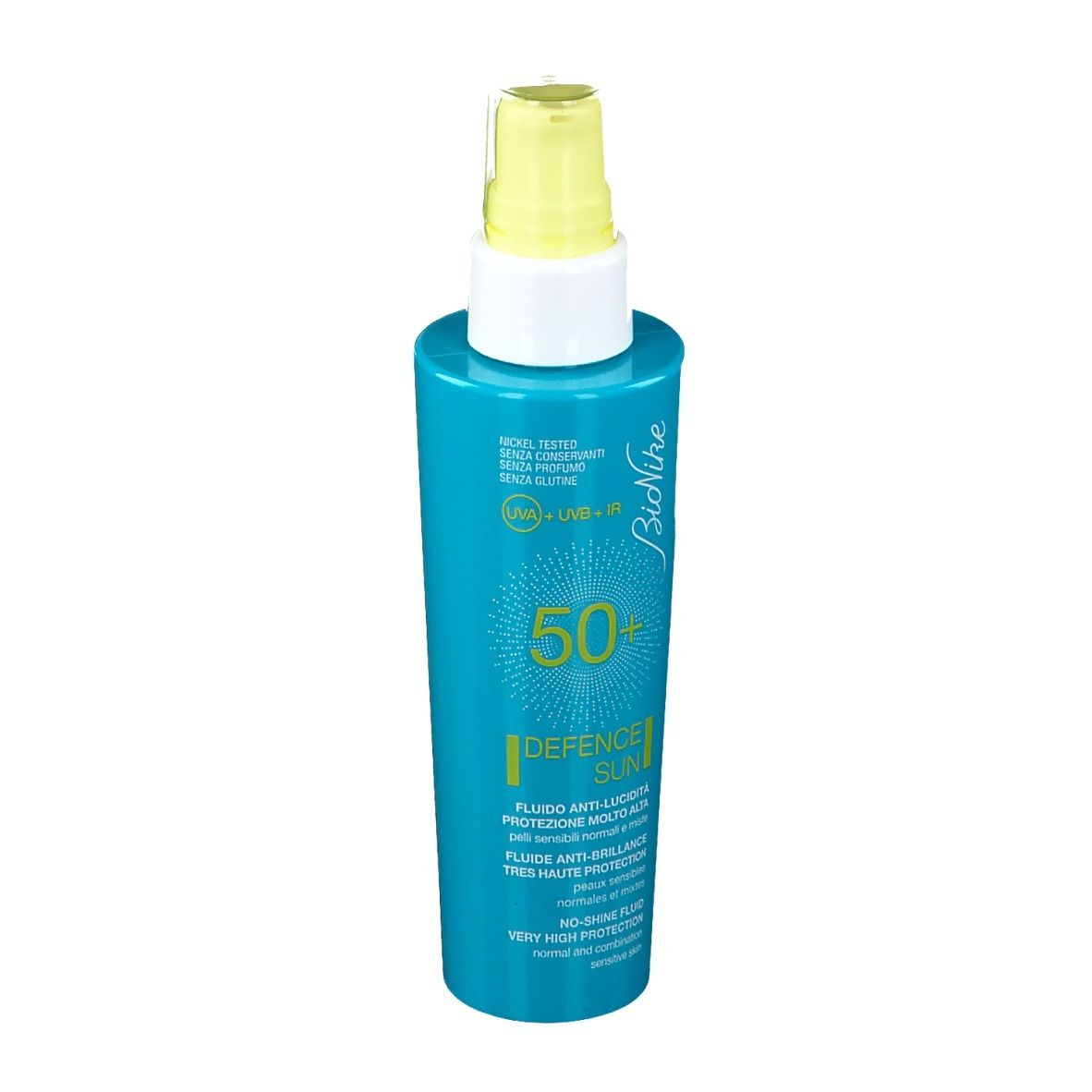Flacon bleu turquoise avec vaporisateur jaune. Inscription : 50+, Defence Sun, Bionike. Protection solaire.