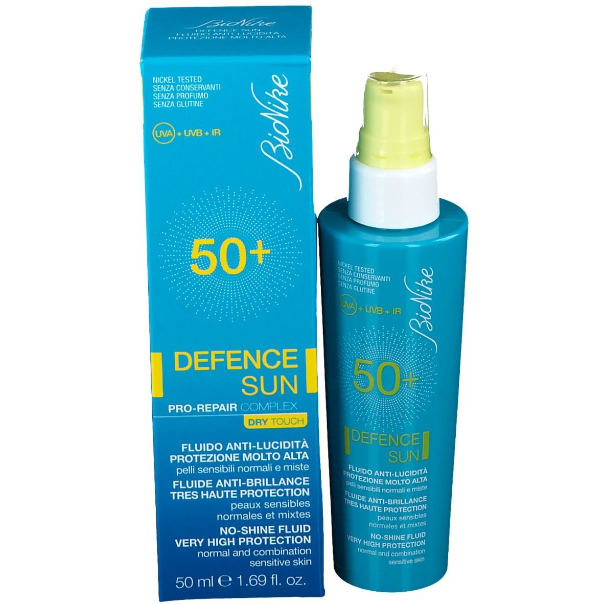 Boîte et flacon bleu turquoise avec vaporisateur jaune. Inscription : 50+, Defence Sun, Bionike. Protection solaire.