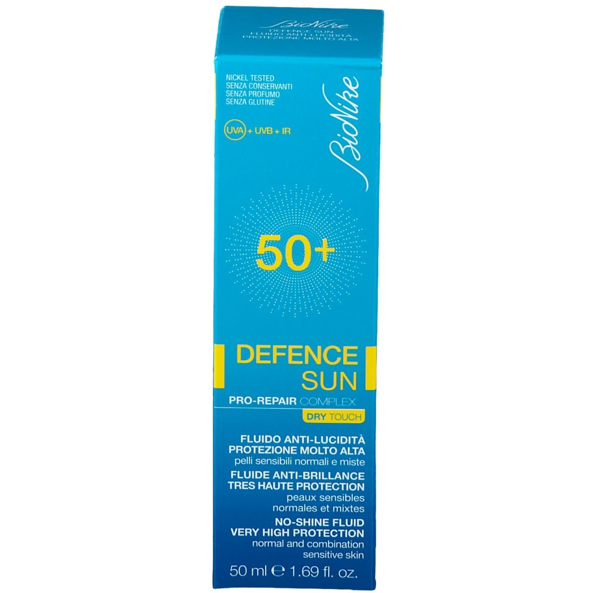 Boîte bleu turquoise. Inscription : 50+, Defence Sun, Bionike. Protection solaire.