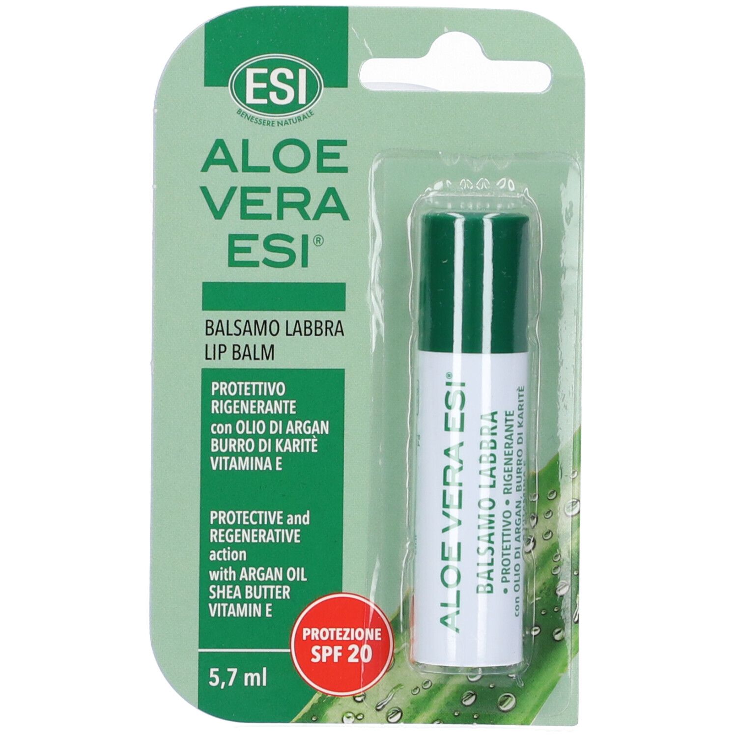 Baume à lèvres en blister. ESI Aloe Vera, bâton vert, 5,7 ml. Avec SPF 20. Inscription : Balsamo Labbra.