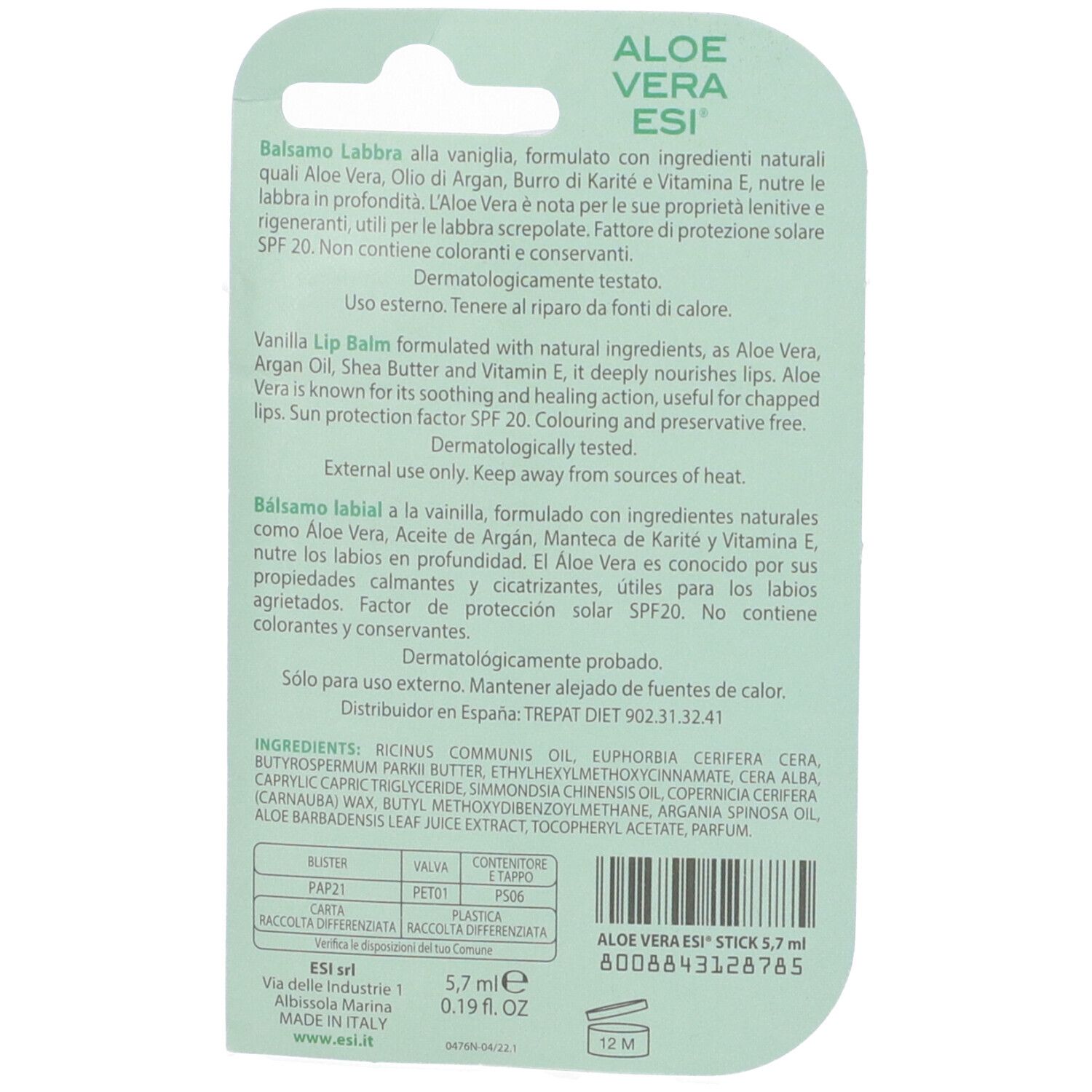 Dos de l'emballage du baume à lèvres. Texte multilingue. ESI Aloe Vera. Ingrédients et informations fabricant.