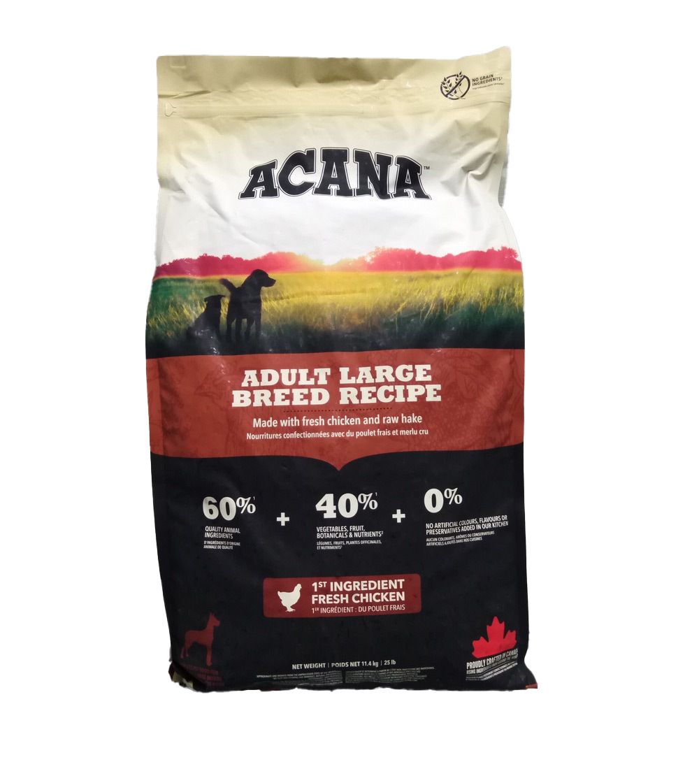 Sac de nourriture pour chiens. Inscription ACANA, ADULT LARGE BREED RECIPE. Contient 60% d'ingrédients animaux, 40% de fruits et légumes, 0% de céréales. 1er ingrédient poulet frais.