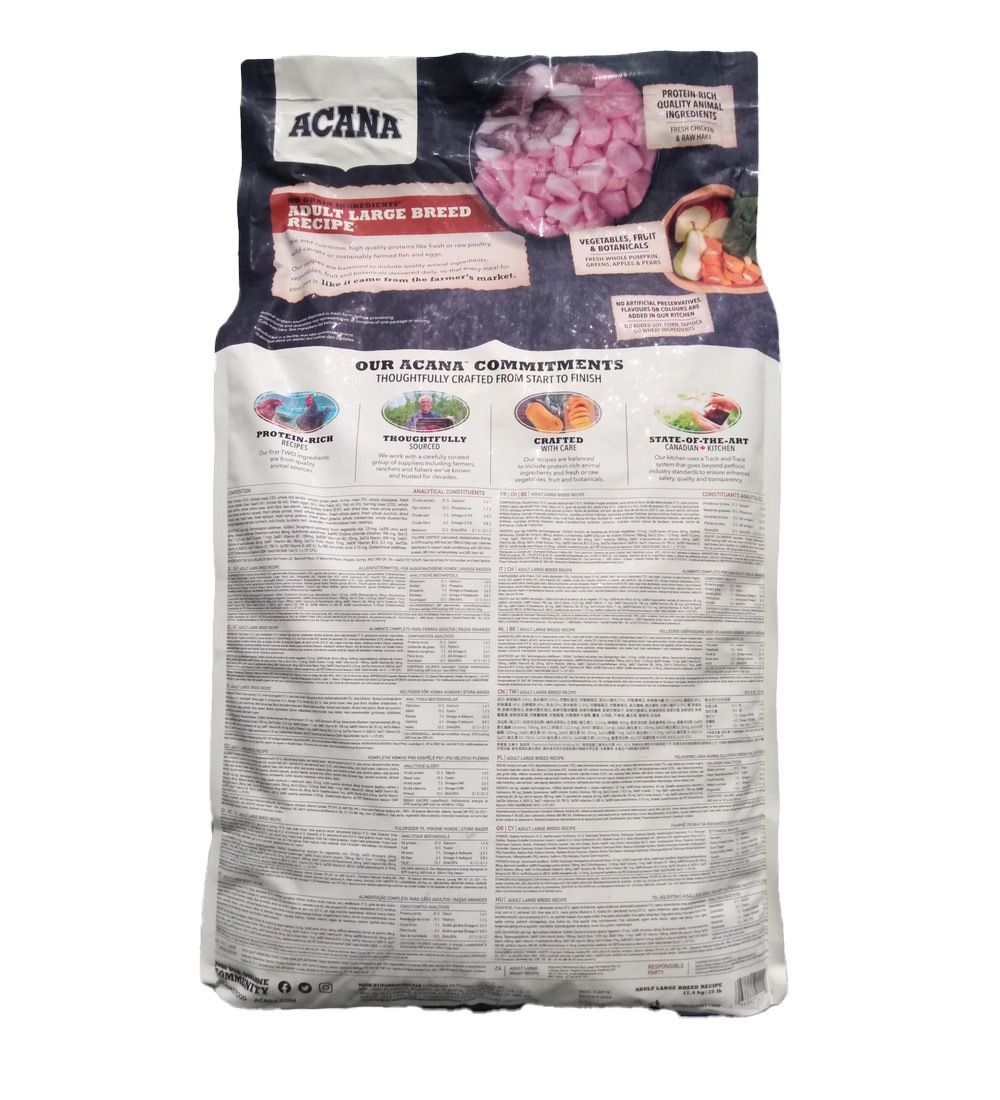 Dos du sac de nourriture pour chiens. En haut à gauche ACANA, ADULT LARGE BREED RECIPE. Texte sur les ingrédients et la composition de la nourriture.