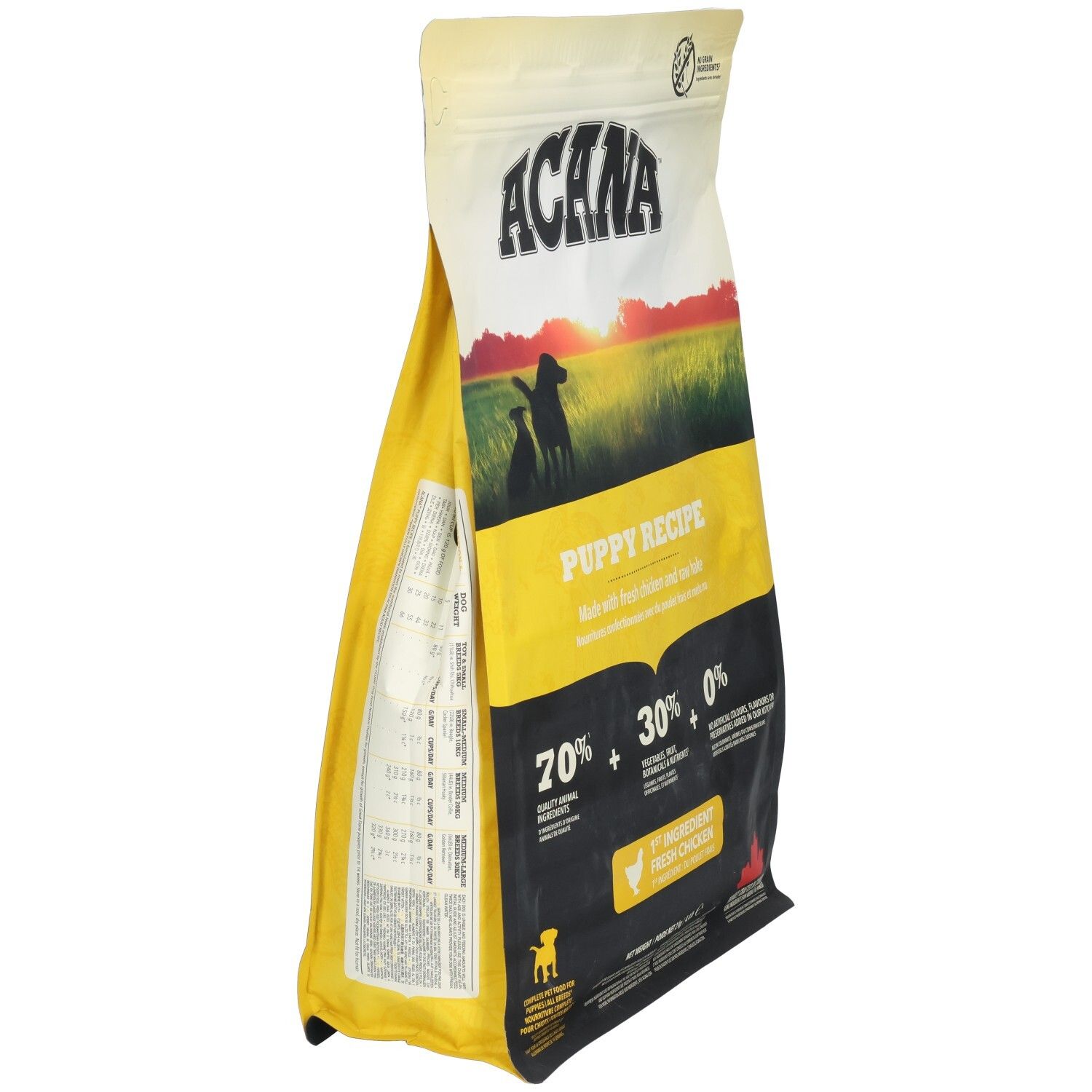 Sac ACANA Puppy Recipe, vue latérale. Design jaune et noir. Contient 70% ingrédients animaux, 30% légumes, fruits, 0% additifs. Fermeture éclair.
