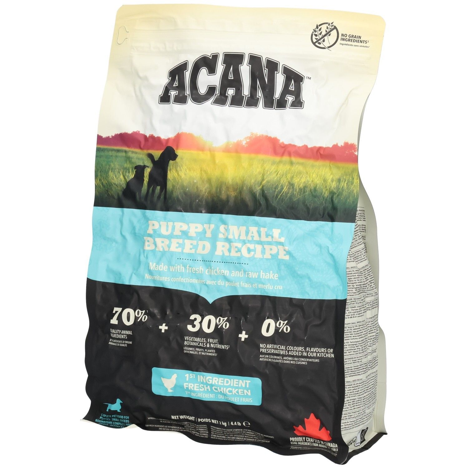 ACANA Puppy Small Breed Recipe nourriture pour chien : 70% d'ingrédients animaux, 30% fruits & légumes, 0% céréales. Poulet frais comme ingrédient principal.