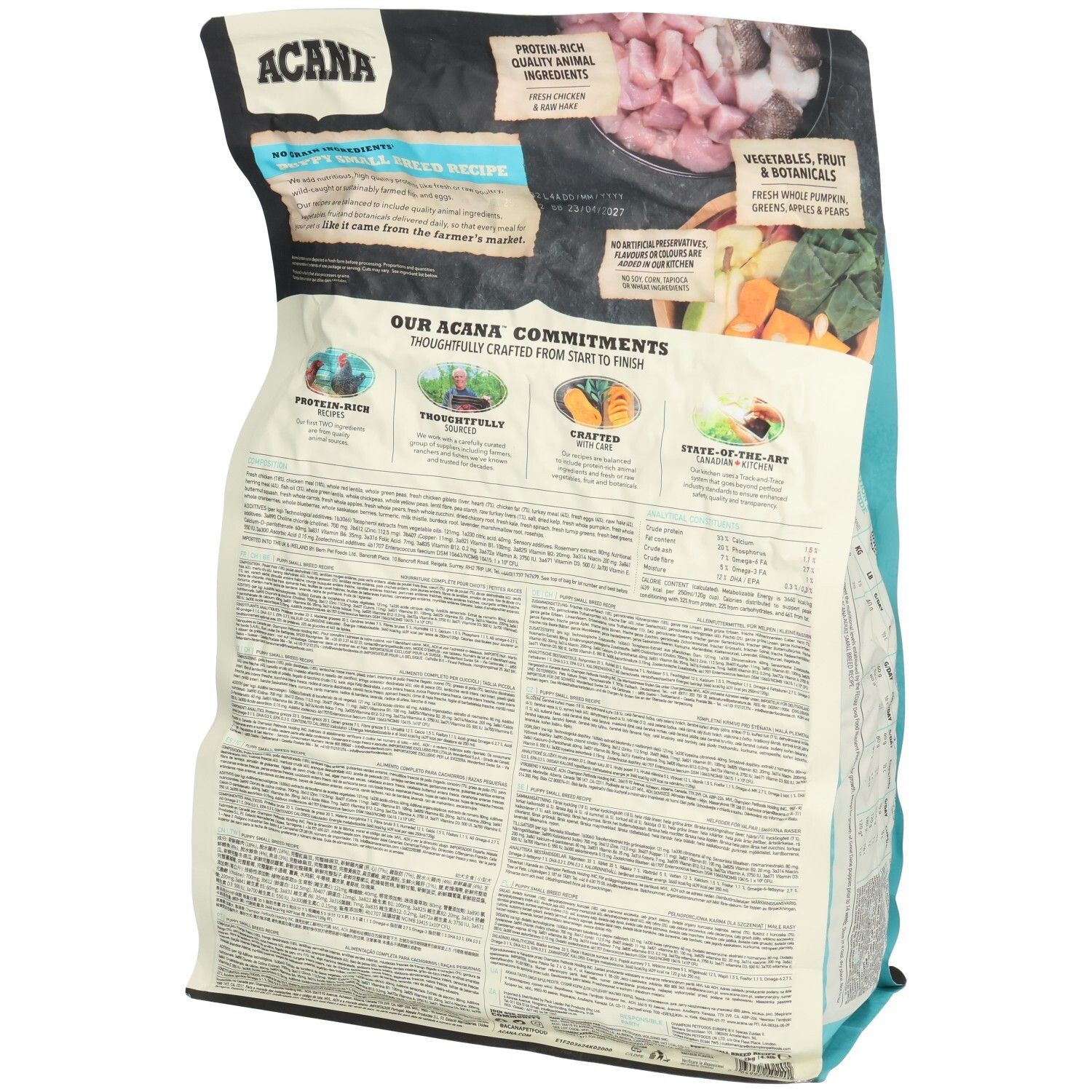 ACANA Puppy Small Breed Recipe nourriture pour chien : Arrière du paquet avec "Nos engagements ACANA" et informations nutritionnelles détaillées.