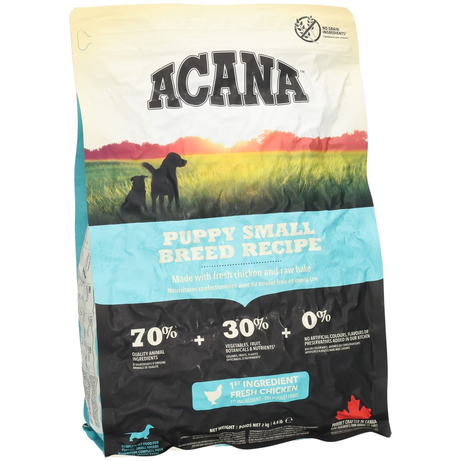 ACANA Puppy Small Breed Recipe nourriture pour chien : Façade avec sceau "No Grain Ingredients" et ingrédient principal "Poulet Frais".