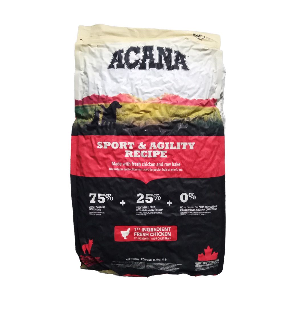 Sac de nourriture pour chiens ACANA, recette Sport & Agility, 11,4 kg. Emballage rouge et blanc avec logo et nom du produit. Contient 75% d'ingrédients animaux.