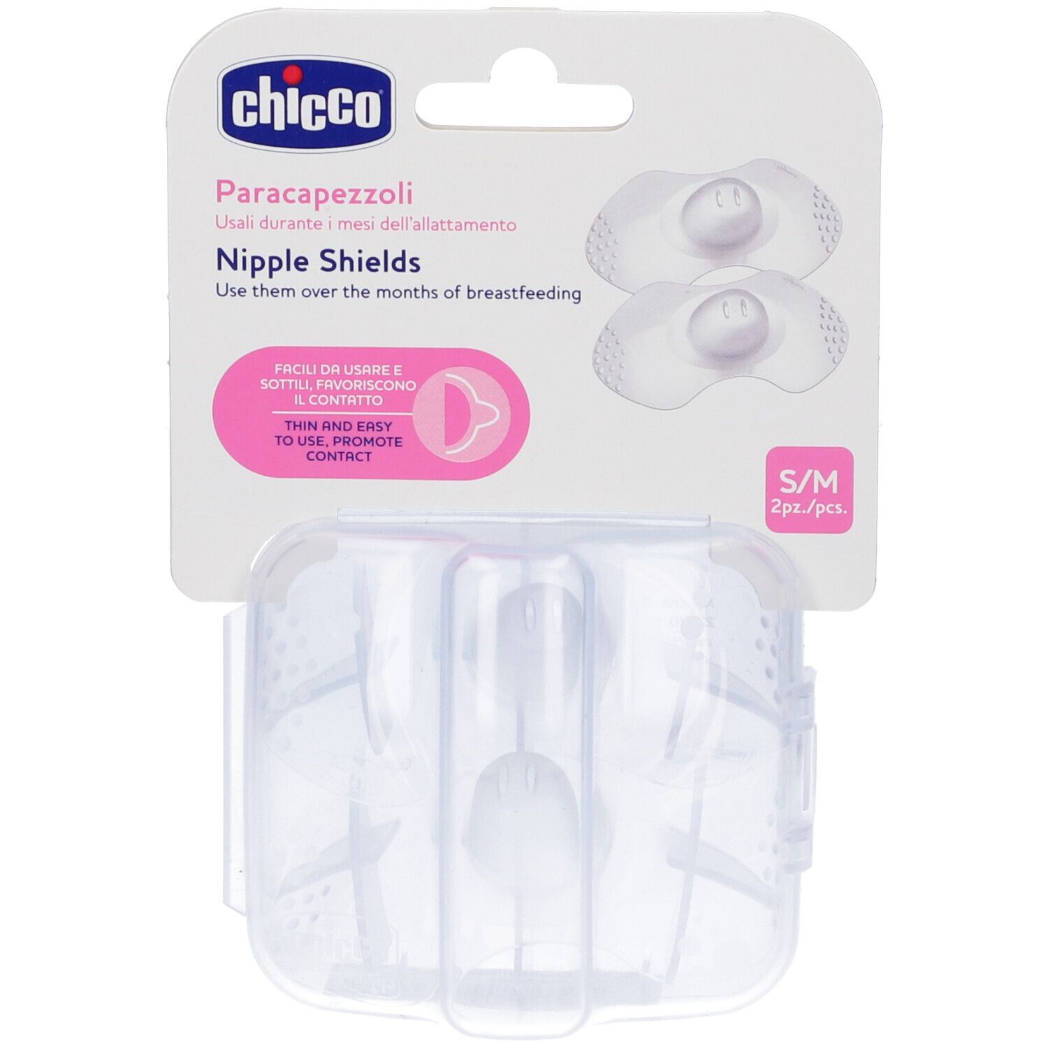 Protège-mamelons Chicco® SkinToSkin S/M, 2 pièces, en emballage. Dispositifs en silicone transparents avec boîte.