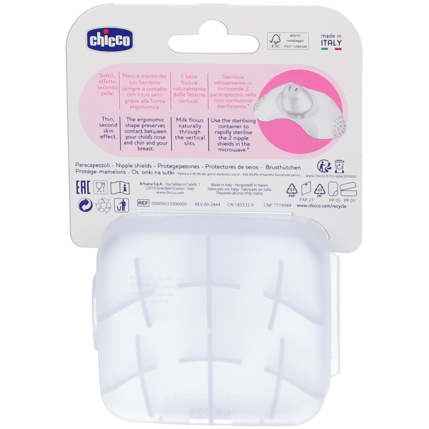 Dos de l'emballage des protège-mamelons Chicco® SkinToSkin S/M. Texte, image du produit, boîte de rangement.
