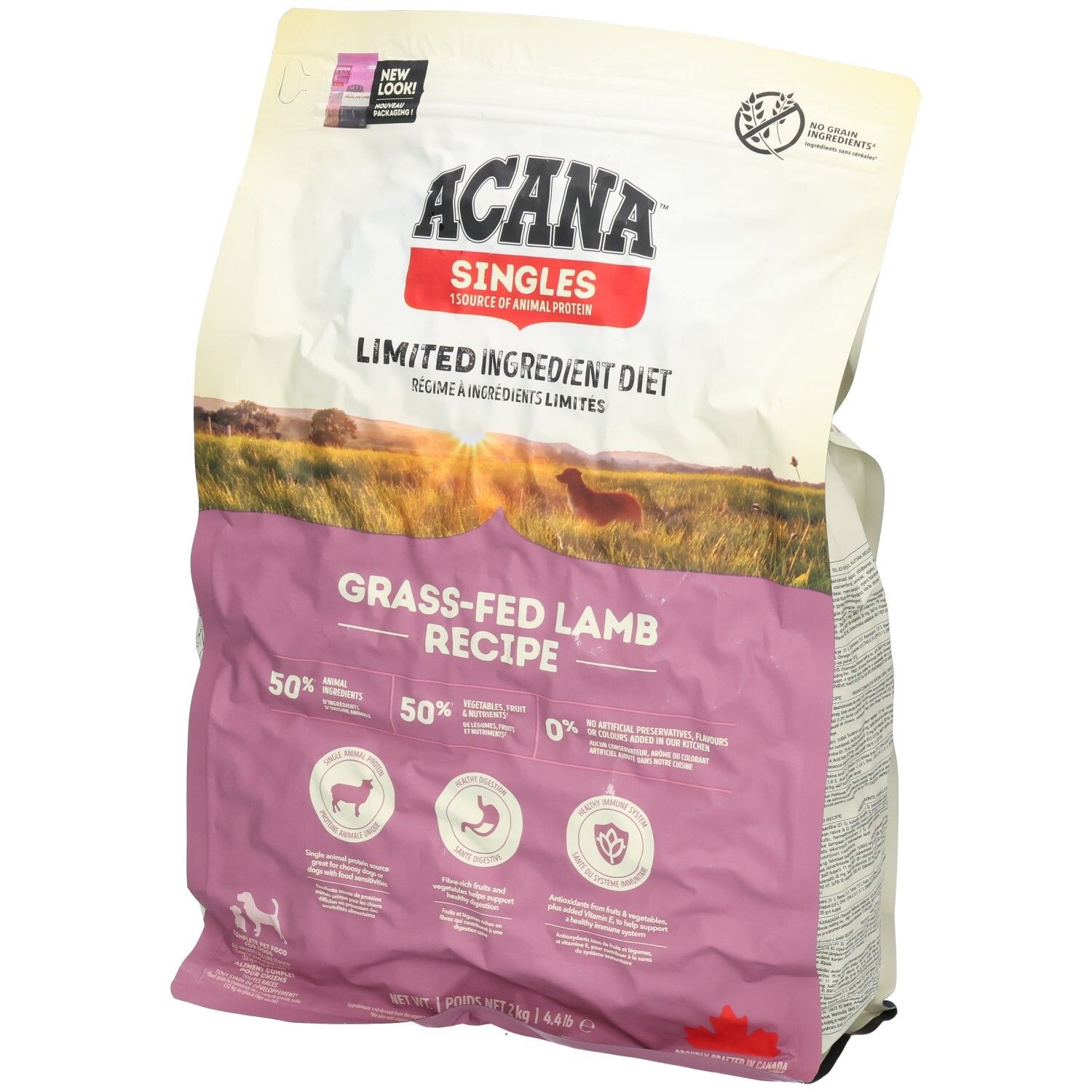 ACANA Singles nourriture pour chien, recette d'agneau nourri à l'herbe, régime à ingrédients limités.