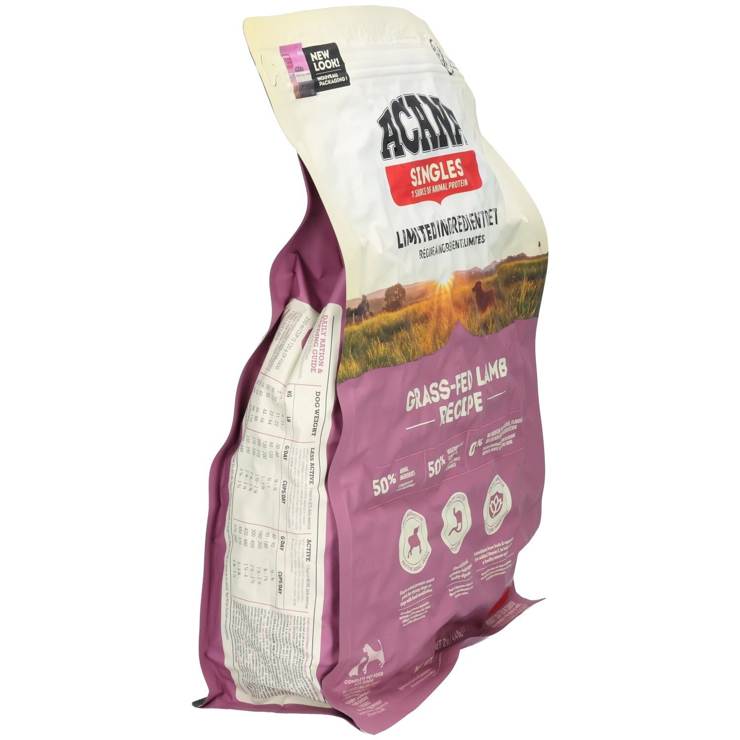 ACANA Singles nourriture pour chien, recette d'agneau nourri à l'herbe, régime à ingrédients limités, vue latérale.