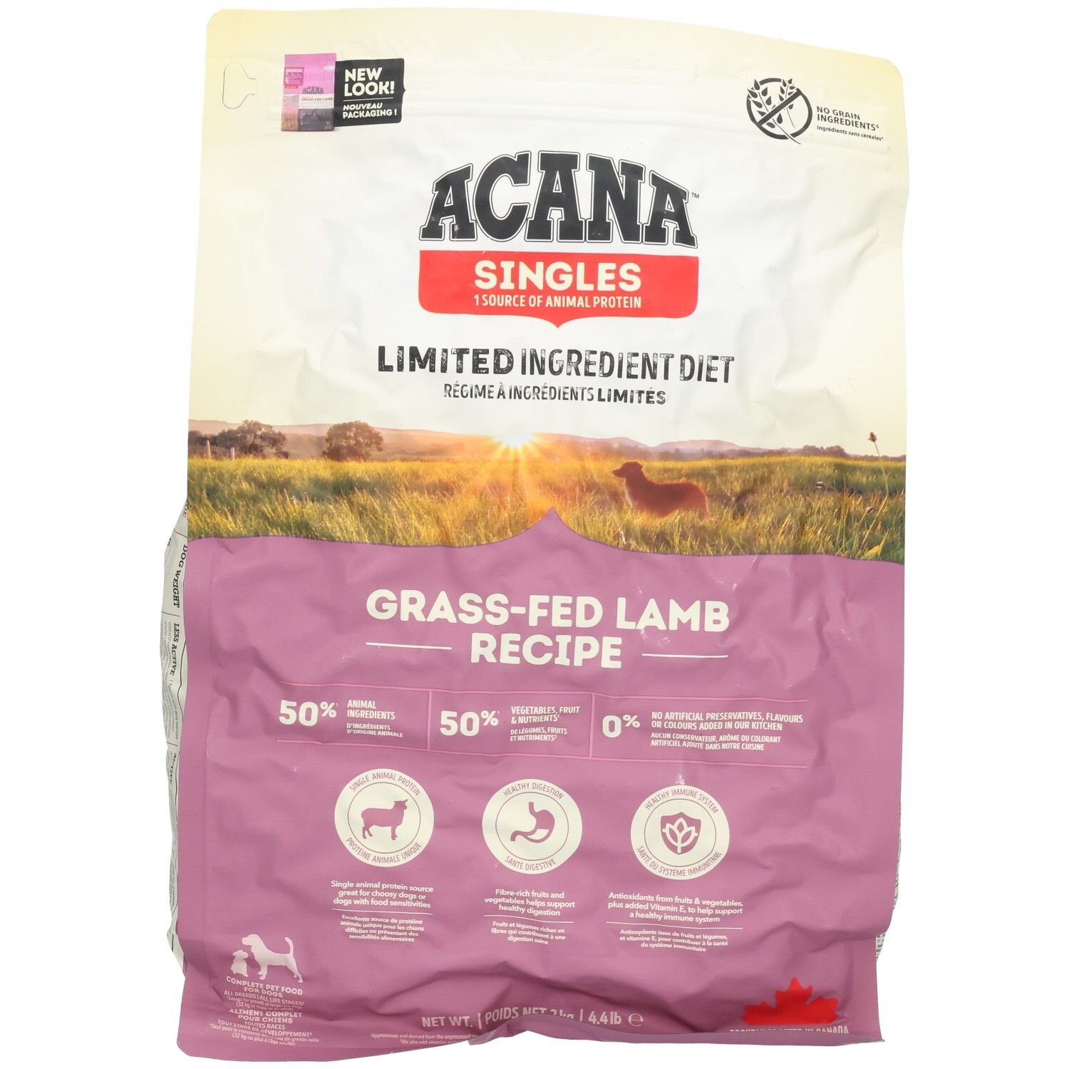 ACANA Singles nourriture pour chien, recette d'agneau nourri à l'herbe, régime à ingrédients limités.